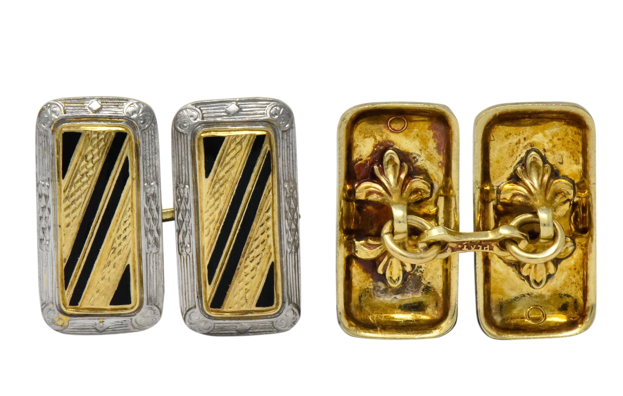 Fancy Edwardian Enamel Platinum 14 Karat Gold Cufflinks - Wilson's Estate Jewelry