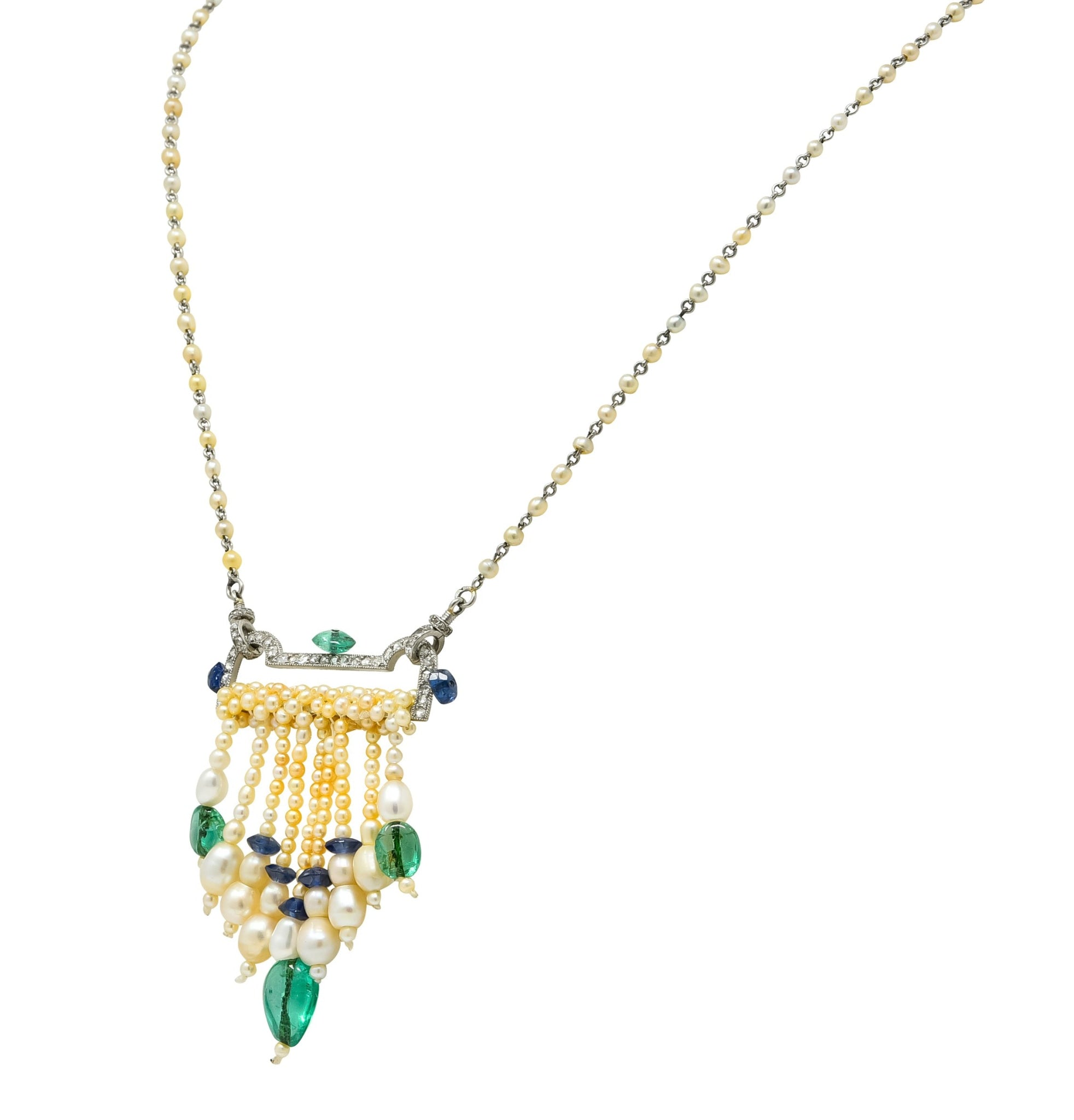 French Art Deco Diamond Natural Pearl Emerald Sapphire Platinum Sautoir Necklace - Wilson's Estate Jewelry