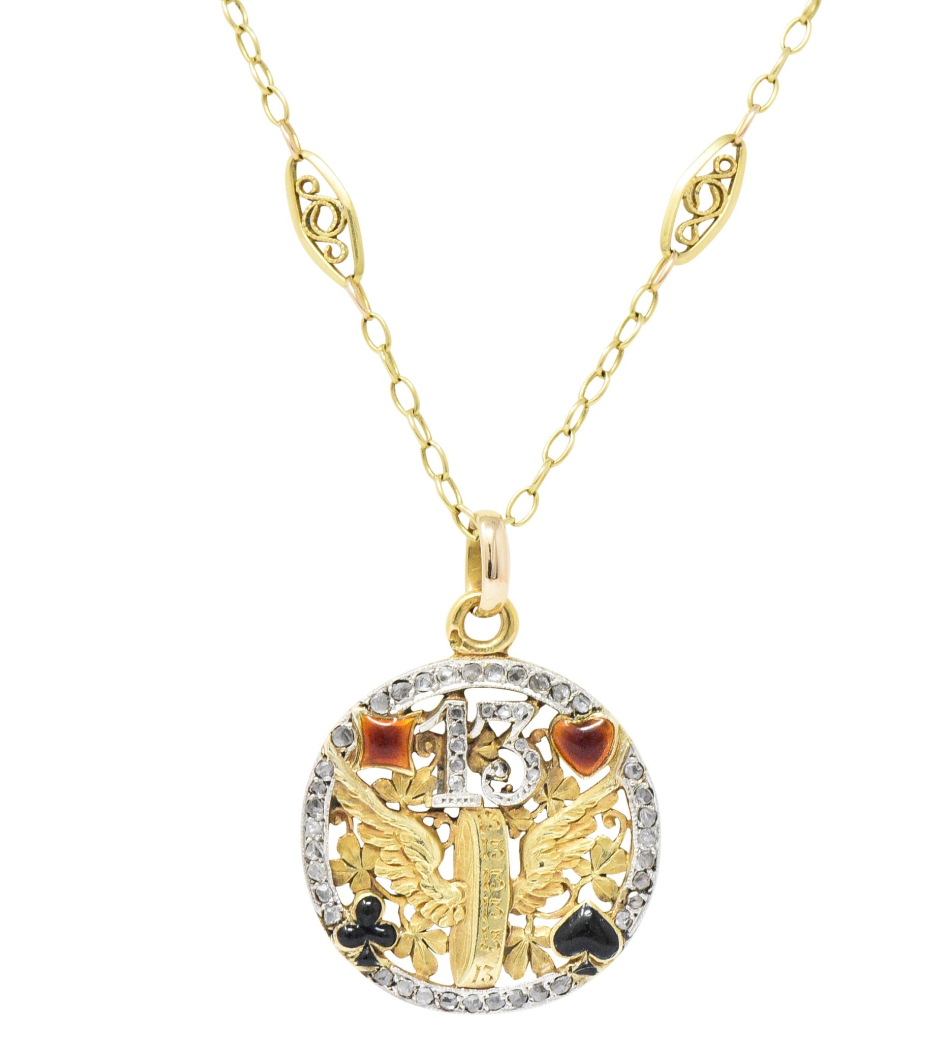 French Belle Époque Diamond Enamel 'Lucky 13 Four Leaf Clover' 18 Karat Gold Pendant Necklace - Wilson's Estate Jewelry