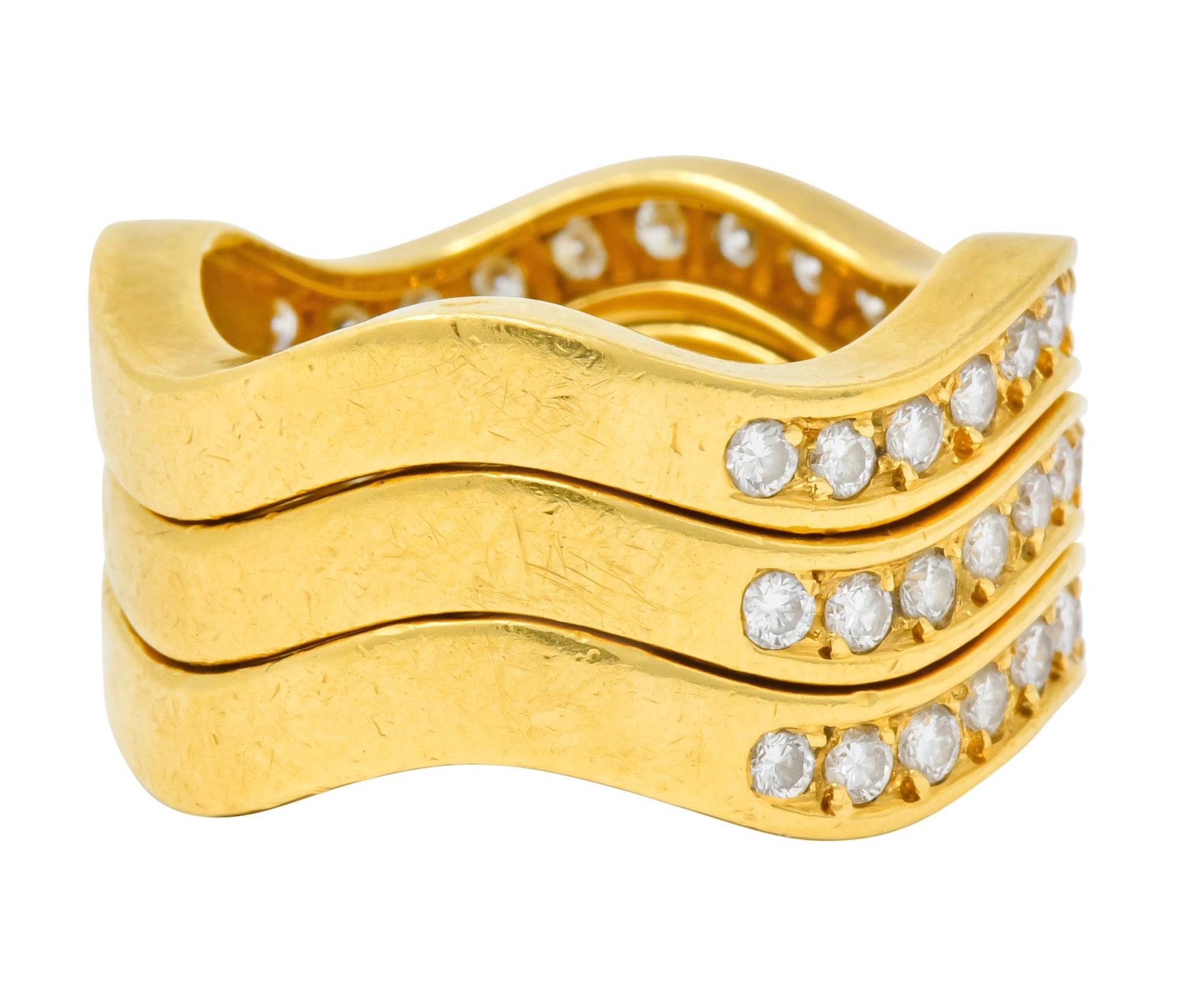 French Cartier 1.56 CTW Diamond 18 Karat Gold Wave Triple Band Stack Rings - Wilson's Estate Jewelry