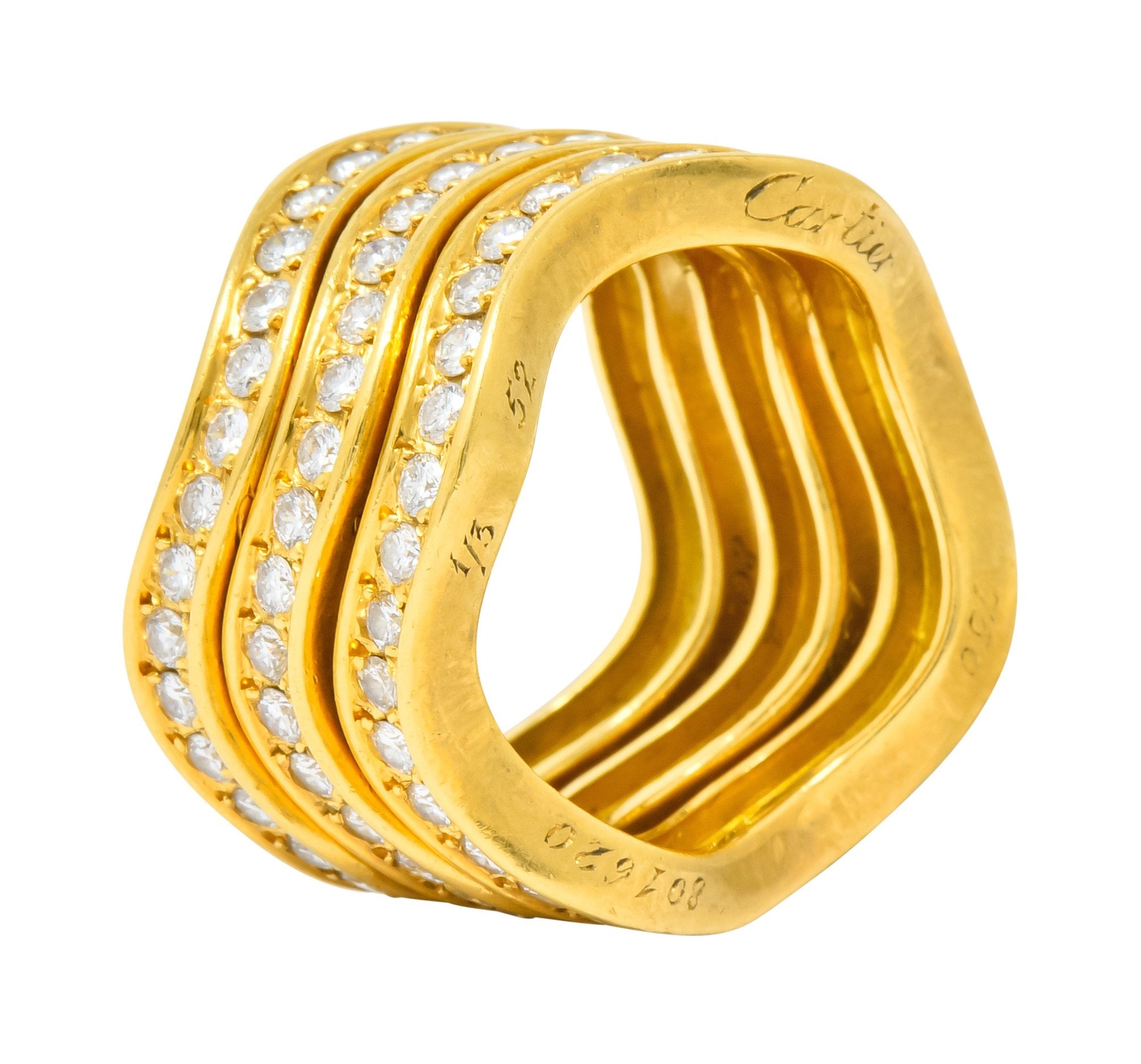 French Cartier 1.56 CTW Diamond 18 Karat Gold Wave Triple Band Stack Rings - Wilson's Estate Jewelry