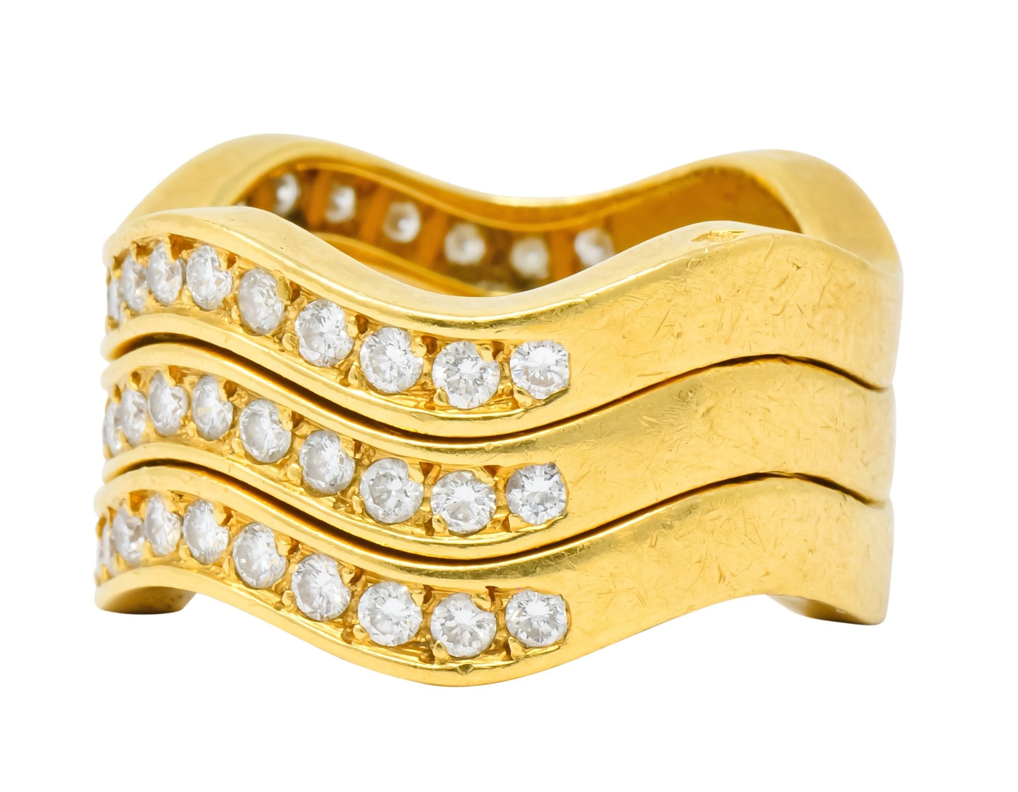 French Cartier 1.56 CTW Diamond 18 Karat Gold Wave Triple Band Stack Rings - Wilson's Estate Jewelry