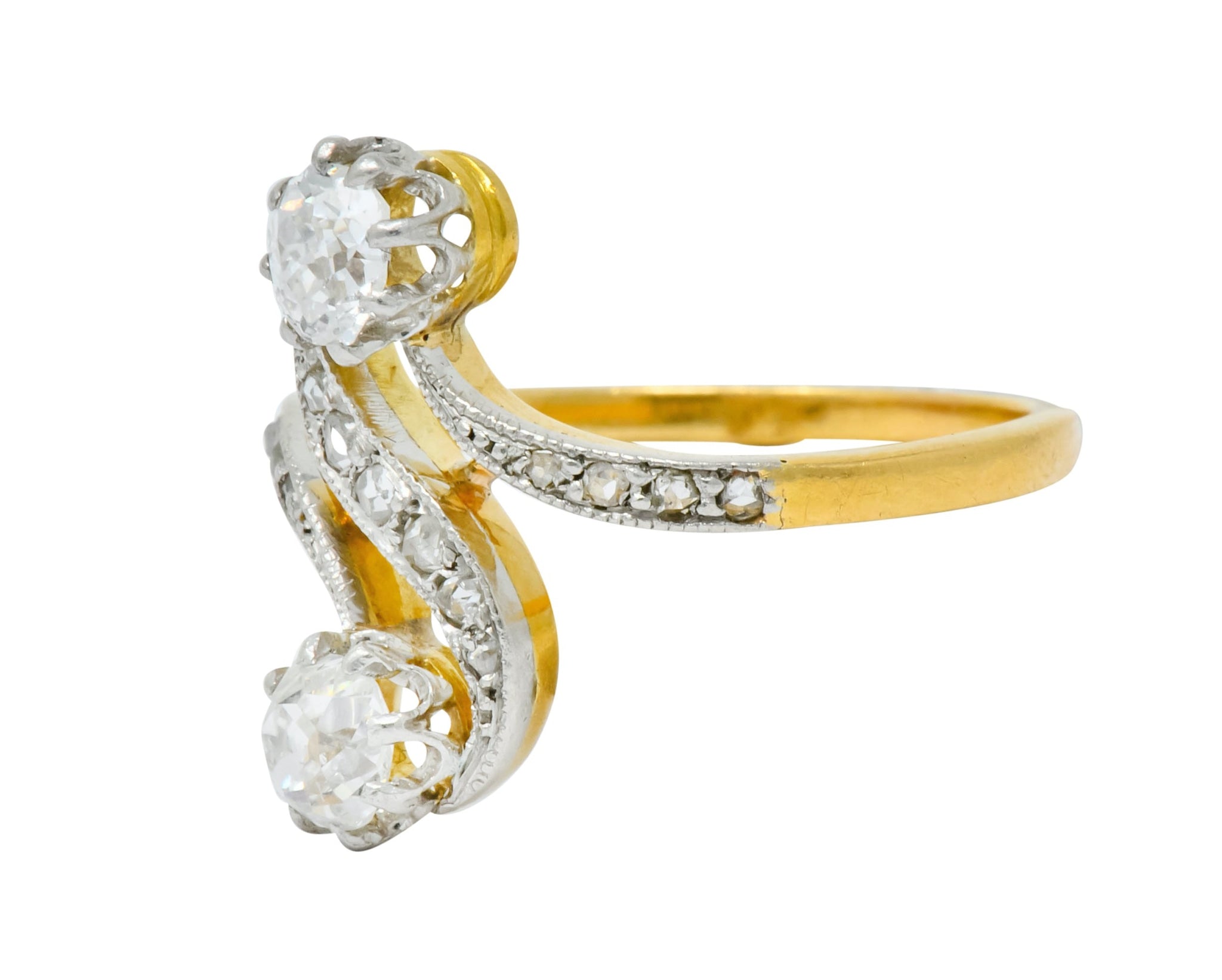 French Edwardian 0.90 CTW Diamond Platinum-Topped 18 Karat Gold Bypass Ring Circa 1915 - Wilson's Estate Jewelry