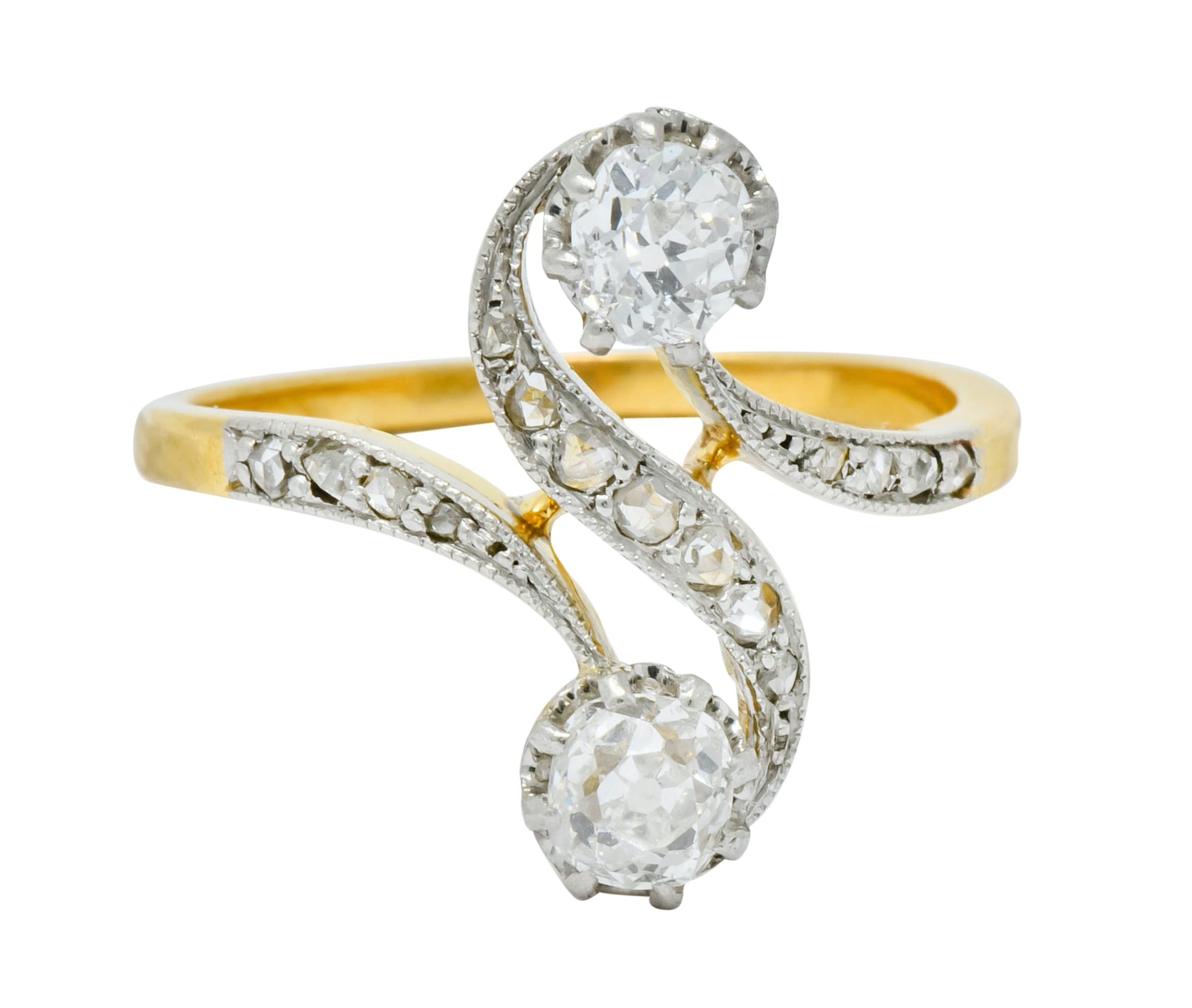 French Edwardian 0.90 CTW Diamond Platinum-Topped 18 Karat Gold Bypass Ring Circa 1915 - Wilson's Estate Jewelry