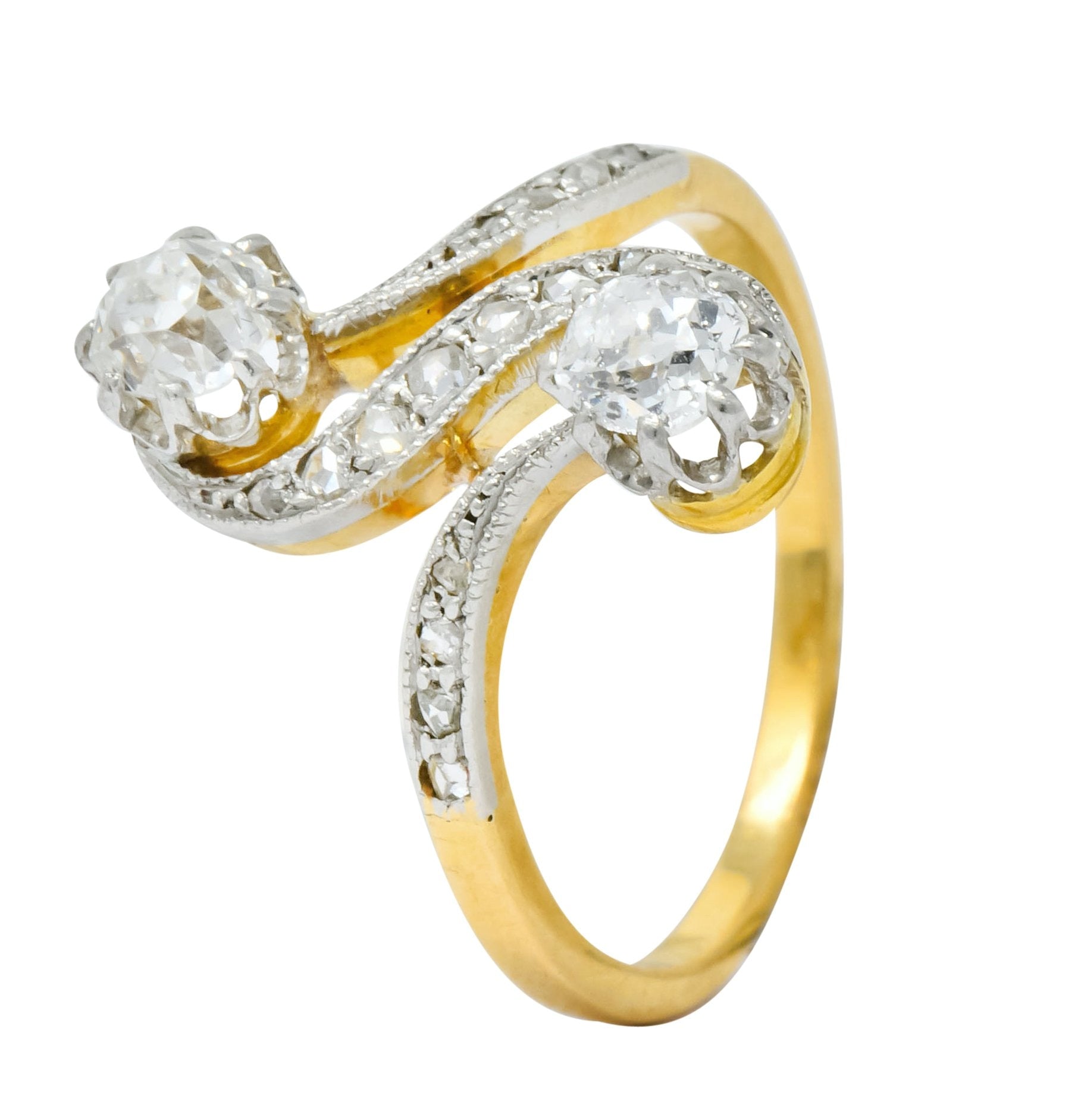 French Edwardian 0.90 CTW Diamond Platinum-Topped 18 Karat Gold Bypass Ring Circa 1915 - Wilson's Estate Jewelry