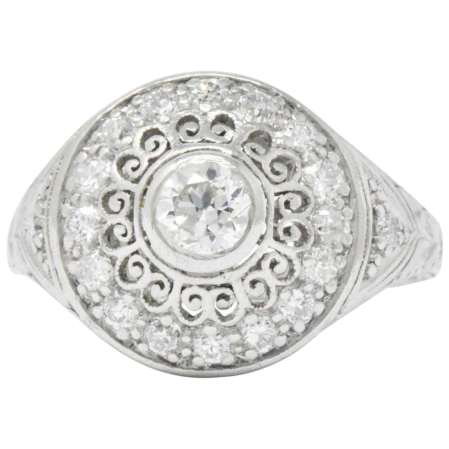 Graceful Art Deco 0.90 CTW Diamond Platinum Filigree Halo Engagement Ring Wilson's Estate Jewelry