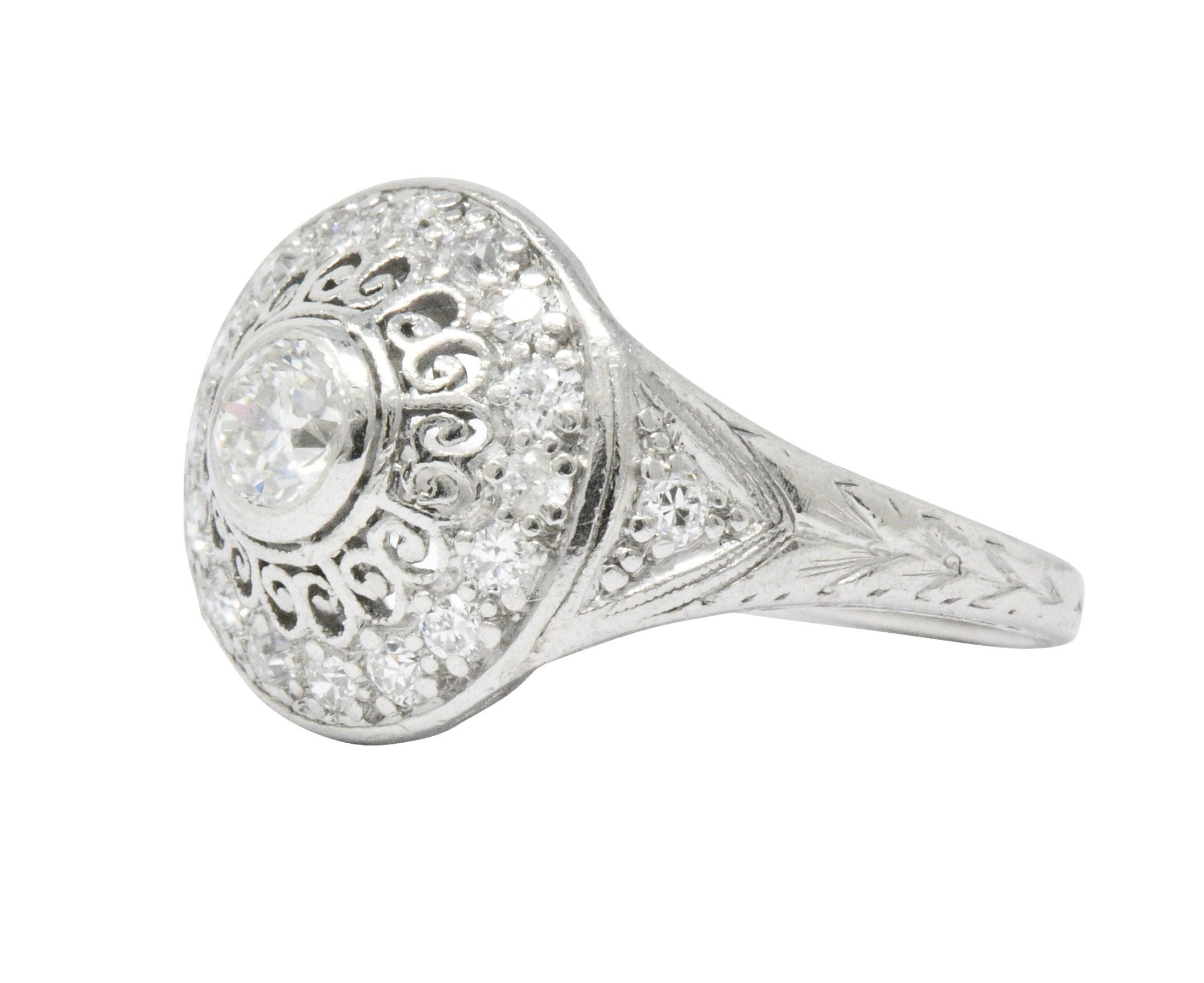 Graceful Art Deco 0.90 CTW Diamond Platinum Filigree Halo Engagement Ring Wilson's Estate Jewelry