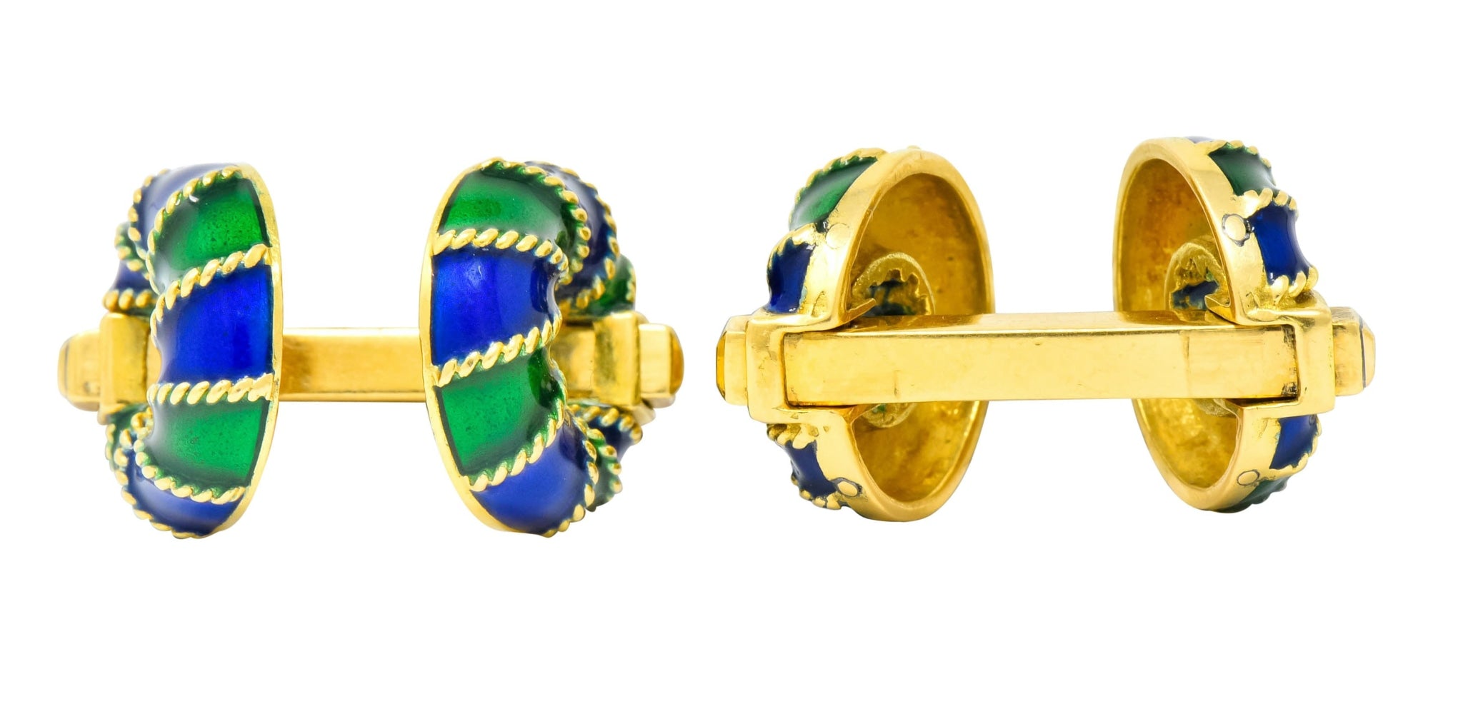 1980's Vintage Green Blue Enamel 18 Karat Gold Men's Cufflink - Wilson's Estate Jewelry