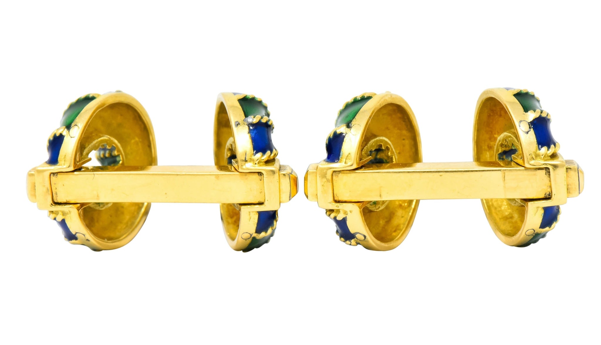 1980's Vintage Green Blue Enamel 18 Karat Gold Men's Cufflink - Wilson's Estate Jewelry