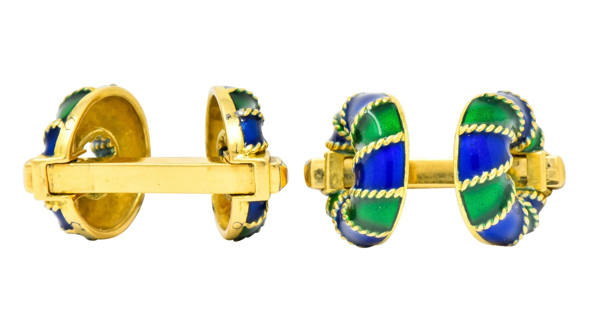 1980's Vintage Green Blue Enamel 18 Karat Gold Men's Cufflink - Wilson's Estate Jewelry