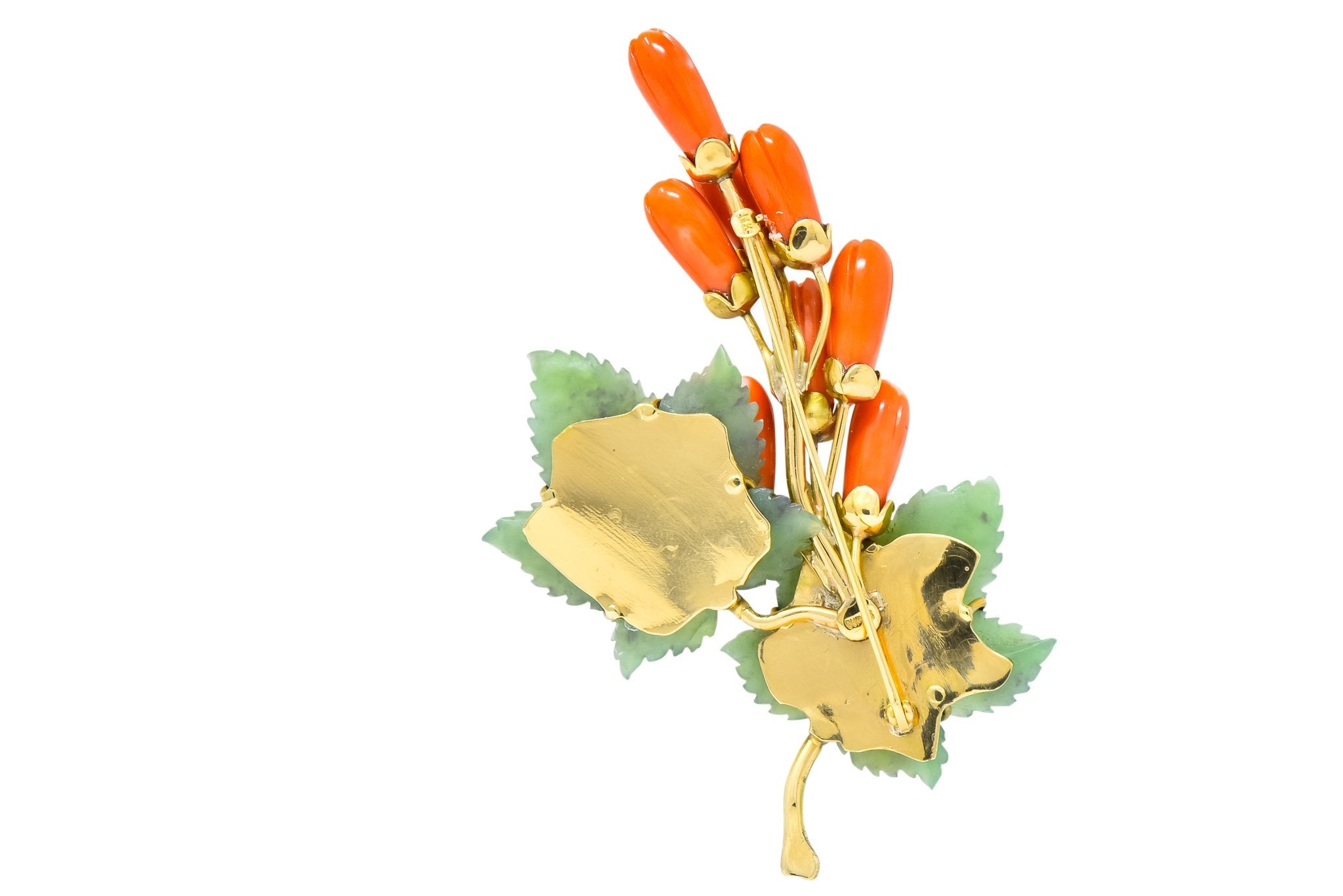 Gumps Vintage Coral Jade 14 Karat Yellow Gold Floral Brooch - Wilson's Estate Jewelry