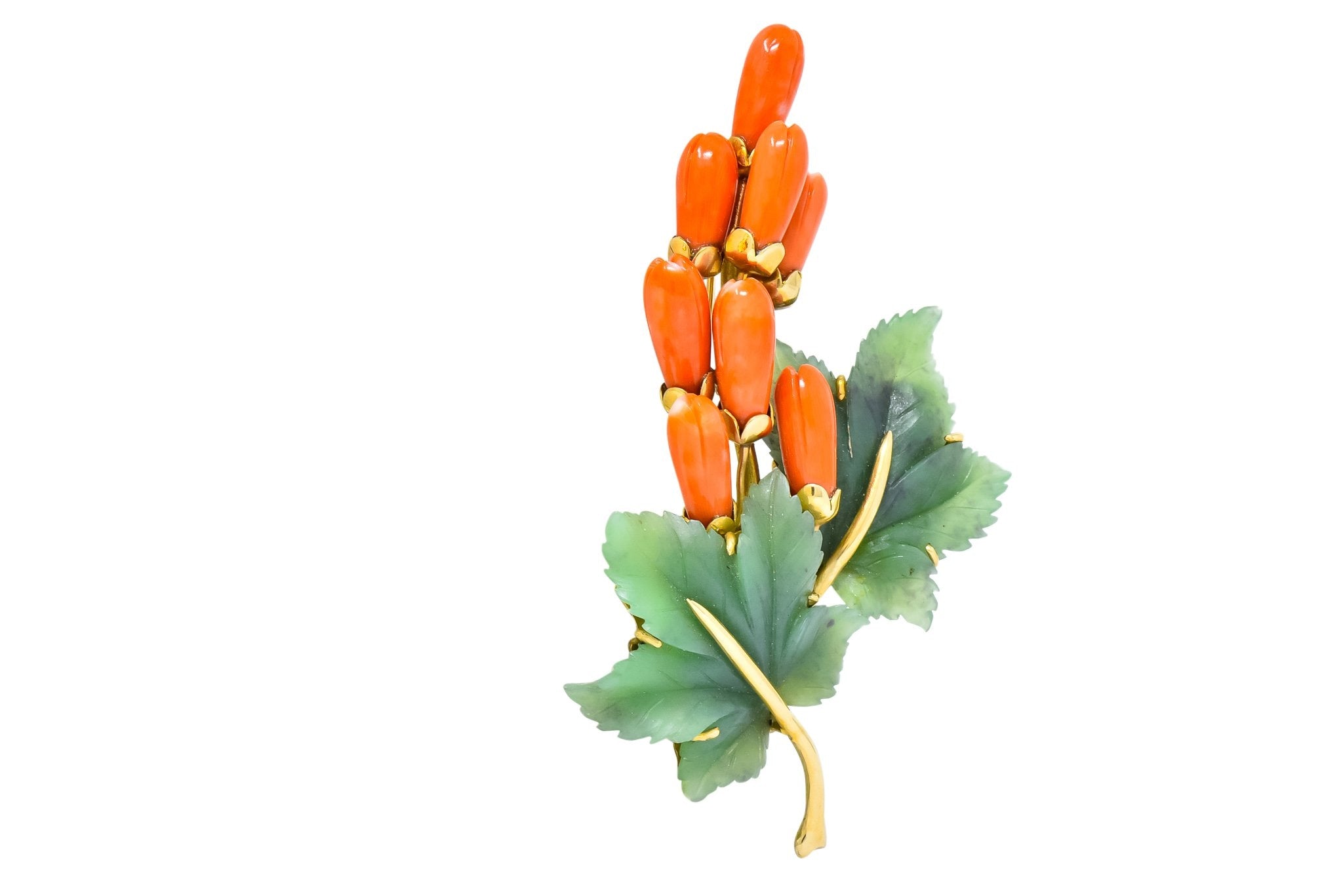 Gumps Vintage Coral Jade 14 Karat Yellow Gold Floral Brooch - Wilson's Estate Jewelry