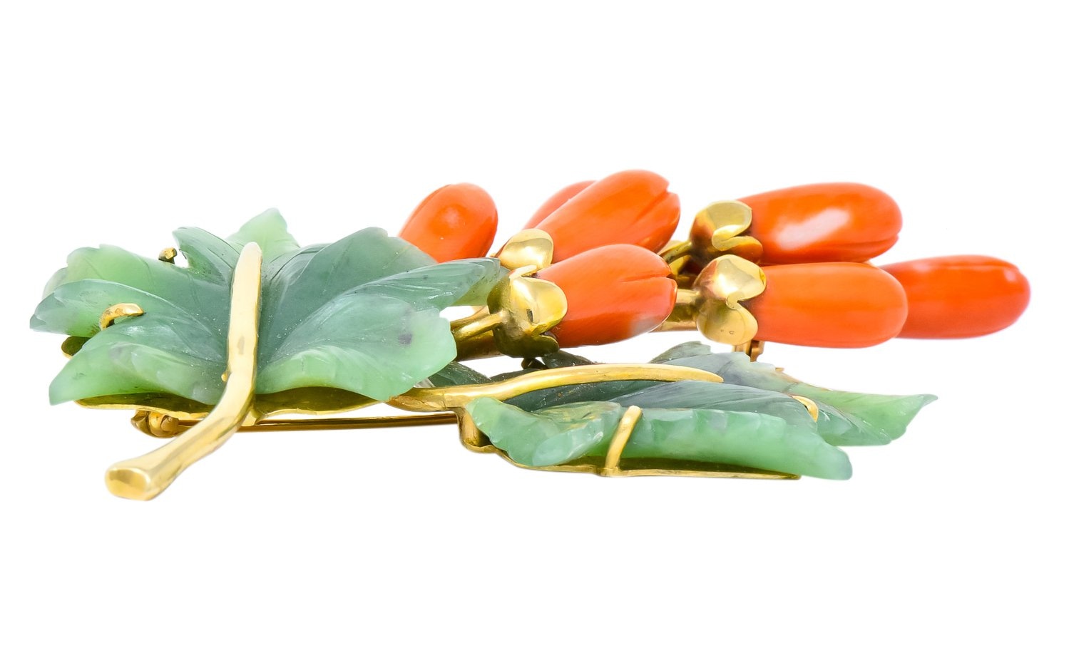 Gumps Vintage Coral Jade 14 Karat Yellow Gold Floral Brooch - Wilson's Estate Jewelry