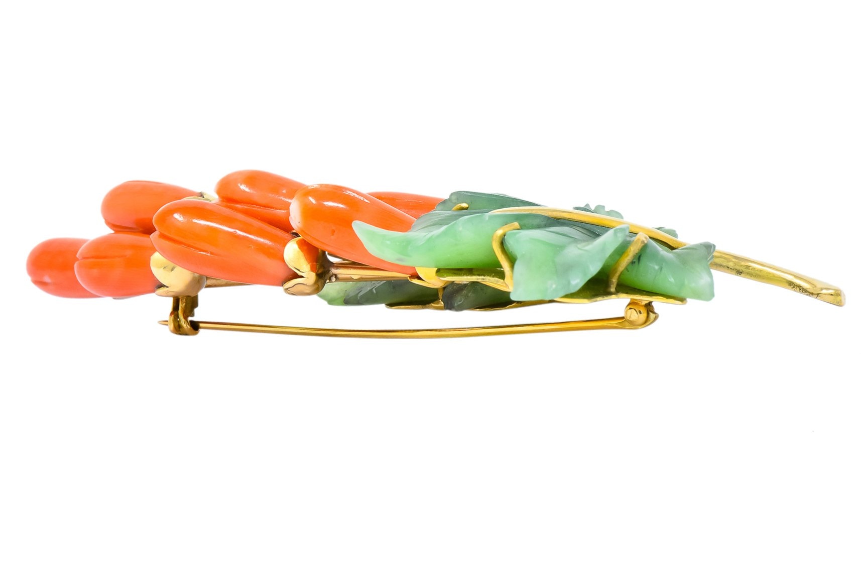 Gumps Vintage Coral Jade 14 Karat Yellow Gold Floral Brooch - Wilson's Estate Jewelry