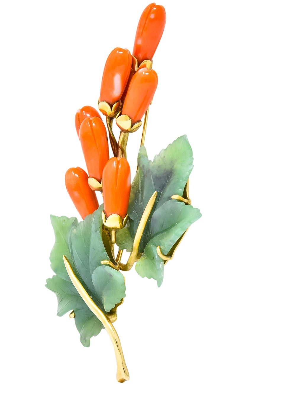 Gumps Vintage Coral Jade 14 Karat Yellow Gold Floral Brooch - Wilson's Estate Jewelry