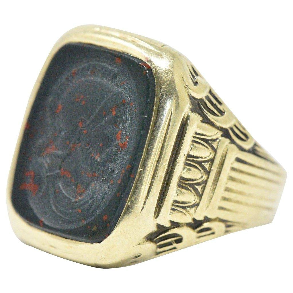 Handsome Men's Art Deco Bloodstone 14 Karat Green Gold Ring Wilson's Estate Jewelry