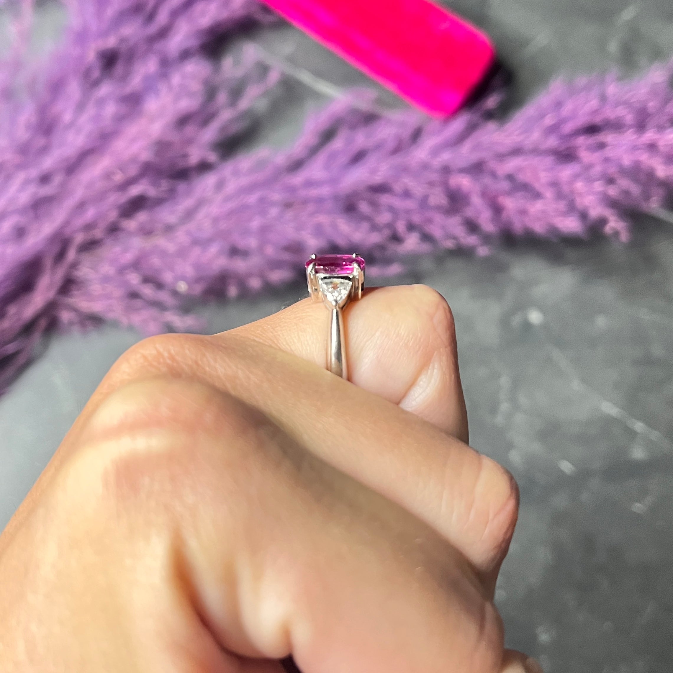 Contemporary 2.00 CTW Pink Sapphire Diamond Platinum Three Stone Gemstone Ring Wilson's Estate Jewelry