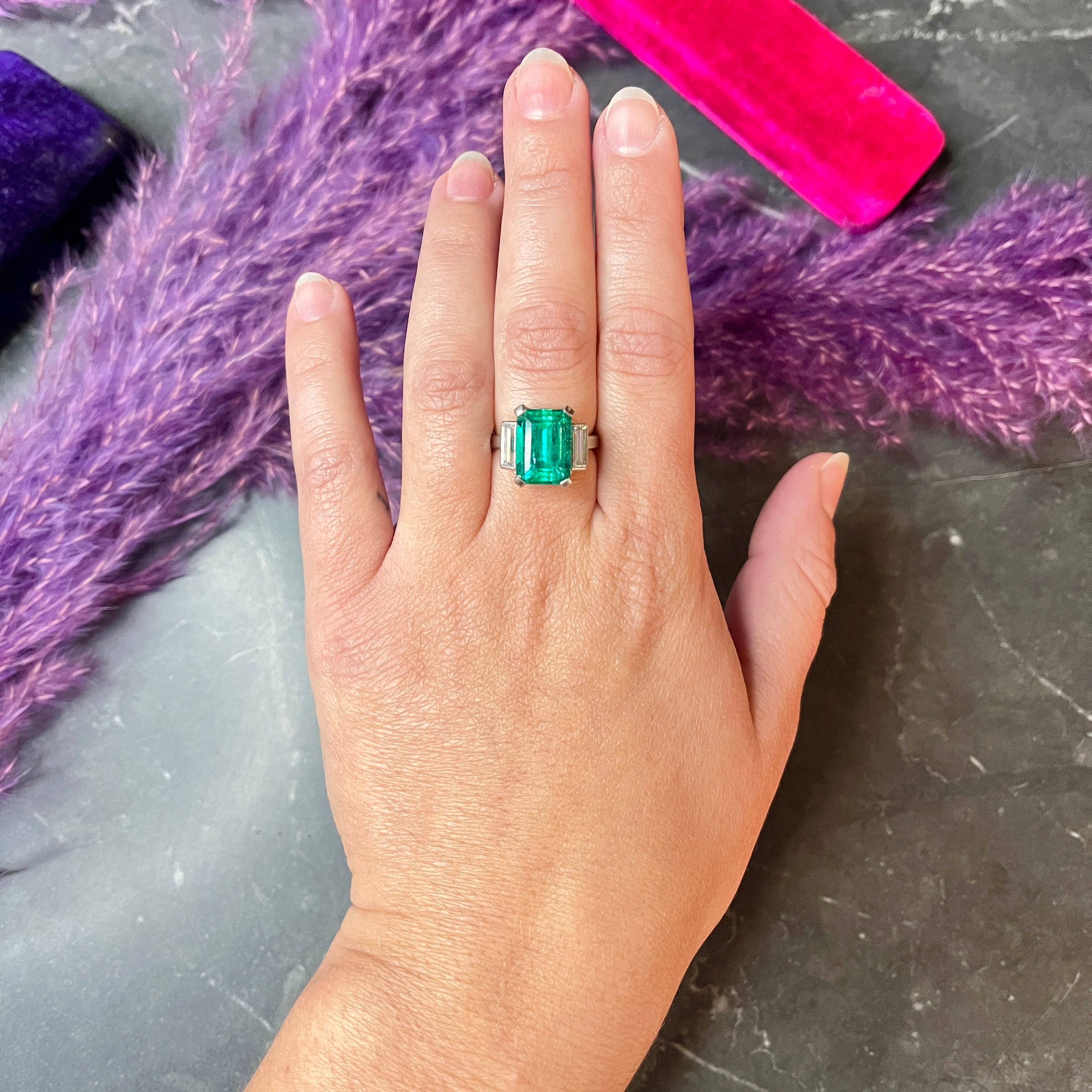 Mid-Century Modernist 6.88 CTW Columbian Emerald Baguette Cut Diamond Platinum Vintage Gemstone Ring GIA Wilson's Estate Jewelry