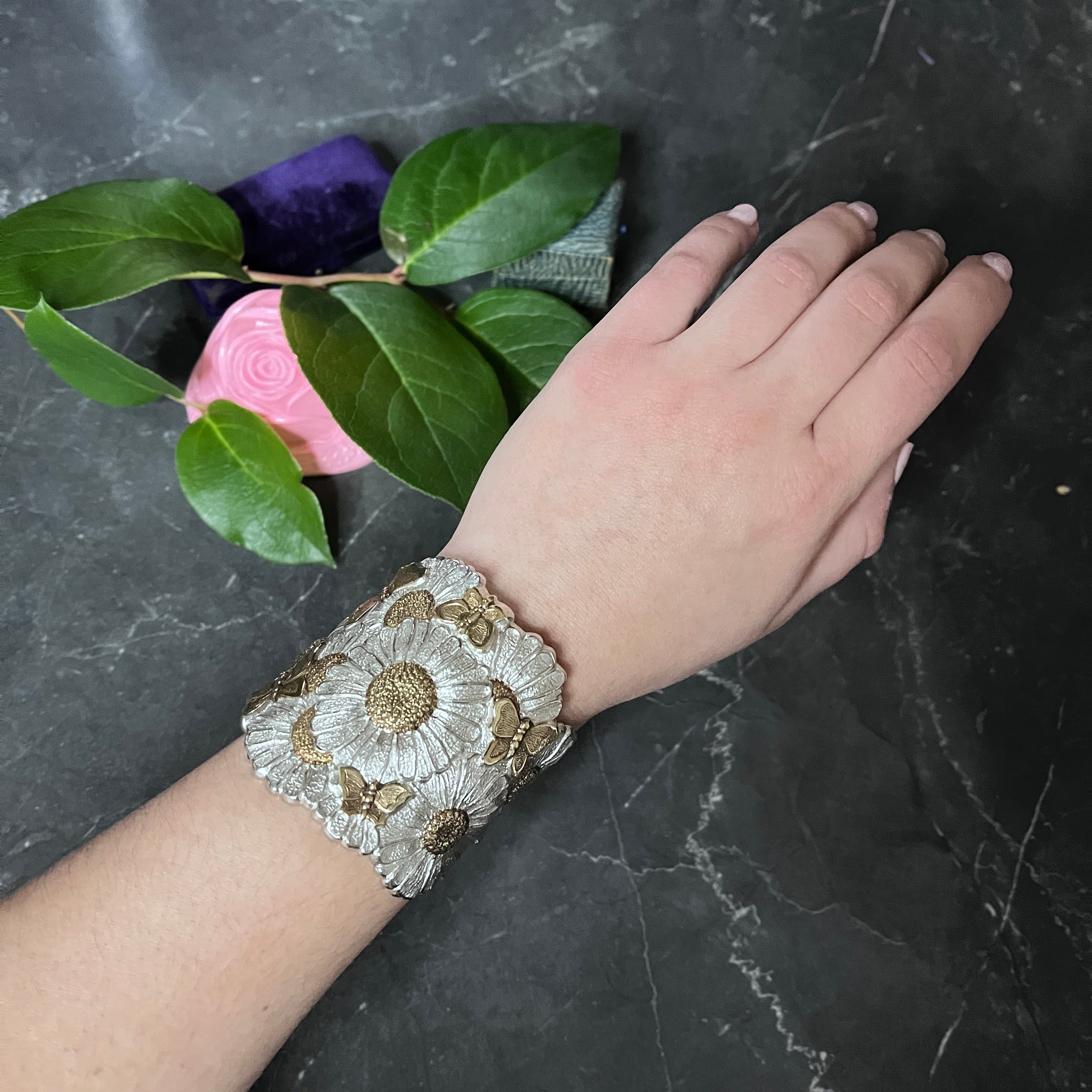 Buccellati Contemporary Italian Sterling Silver 22 Karat Gold Vermeil Butterfly Daisy Blossoms Cuff Bracelet Wilson's Estate Jewelry
