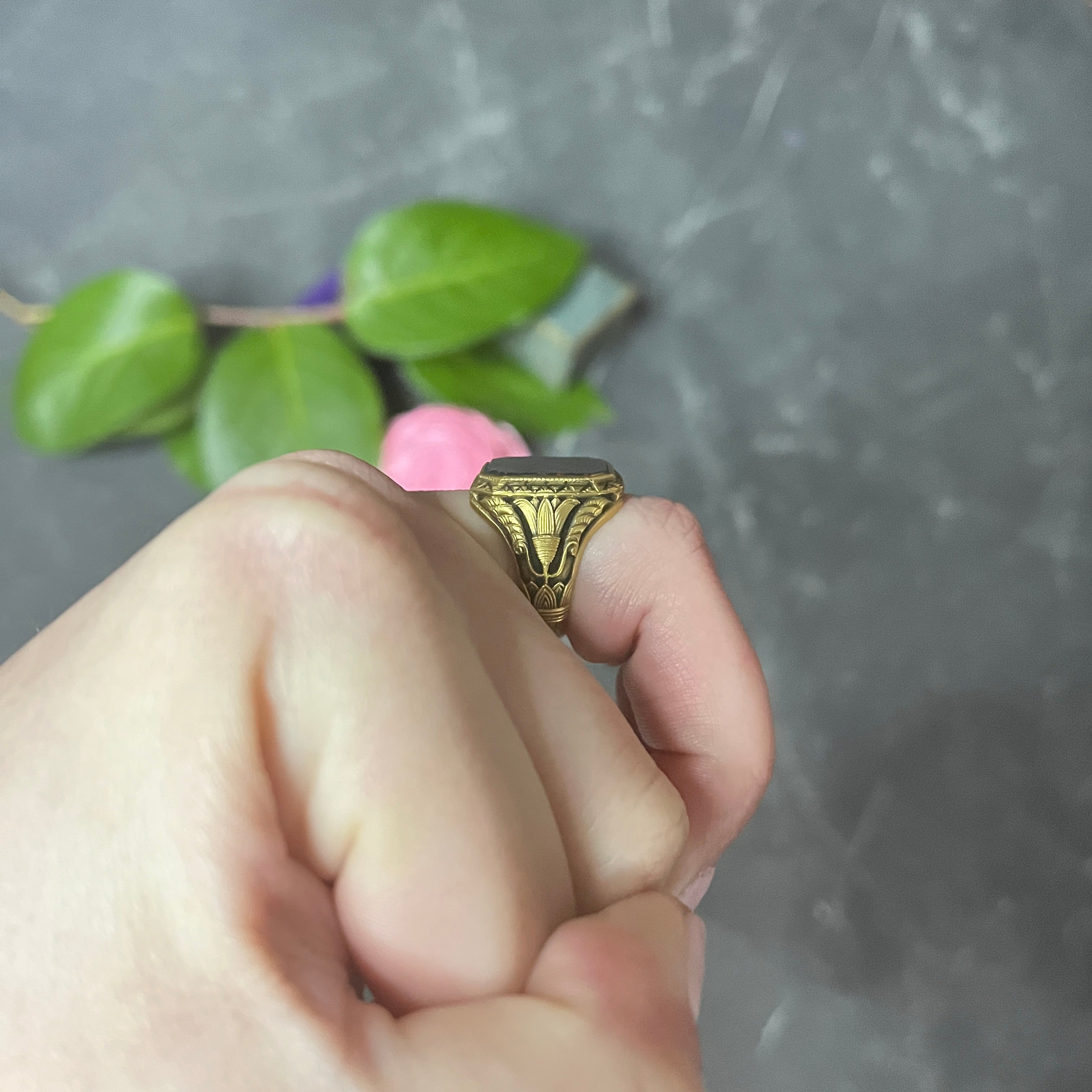 Art Deco Egyptian Revival Bloodstone 14 Karat Gold Lotus Signet Unisex Ring Wilson's Estate Jewelry