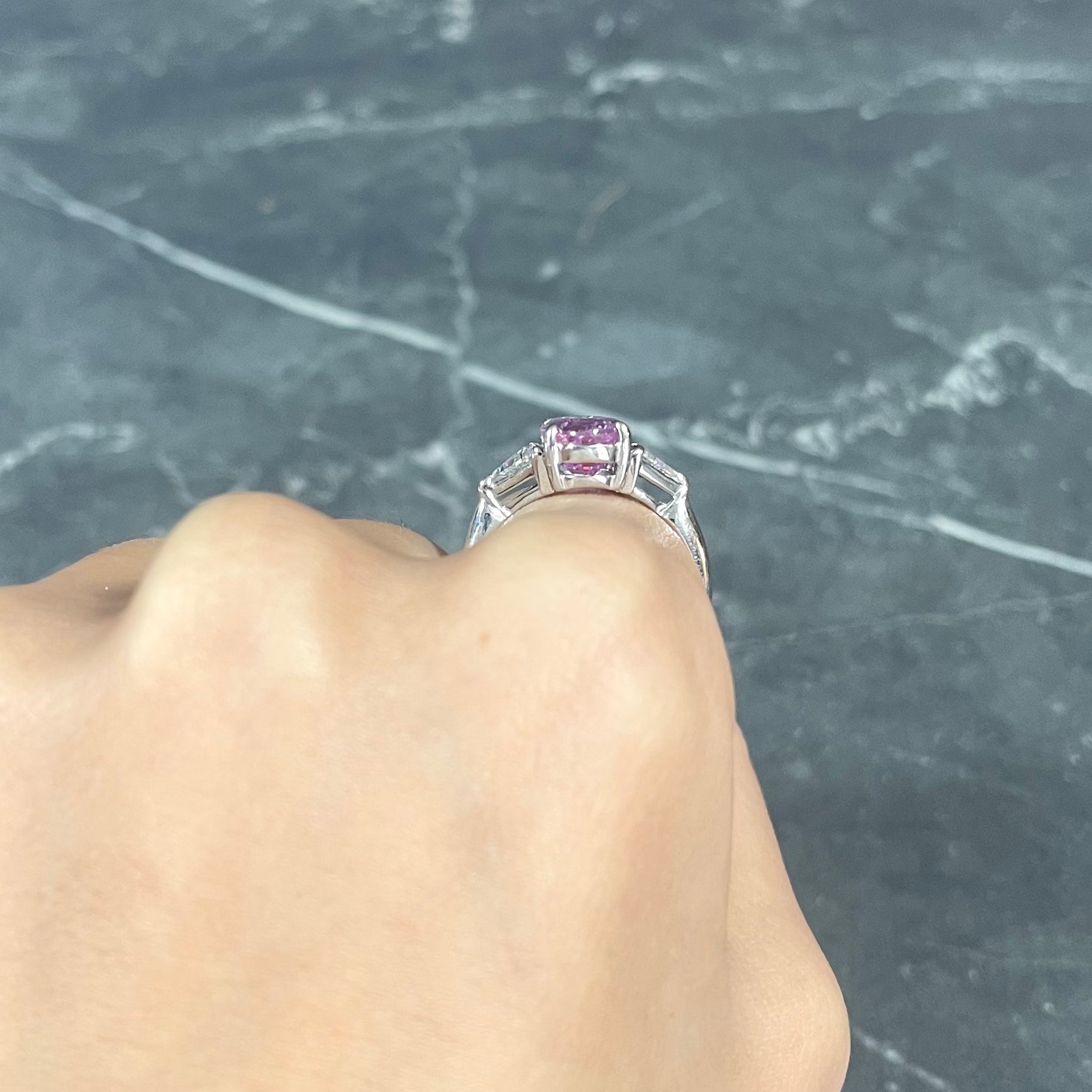 Contemporary 4.21 CTW Oval Cut Sri Lankan Pink Sapphire Trillion Cut Diamond Platinum Three Stone Ring GIA Wilson's Estate Jewelry