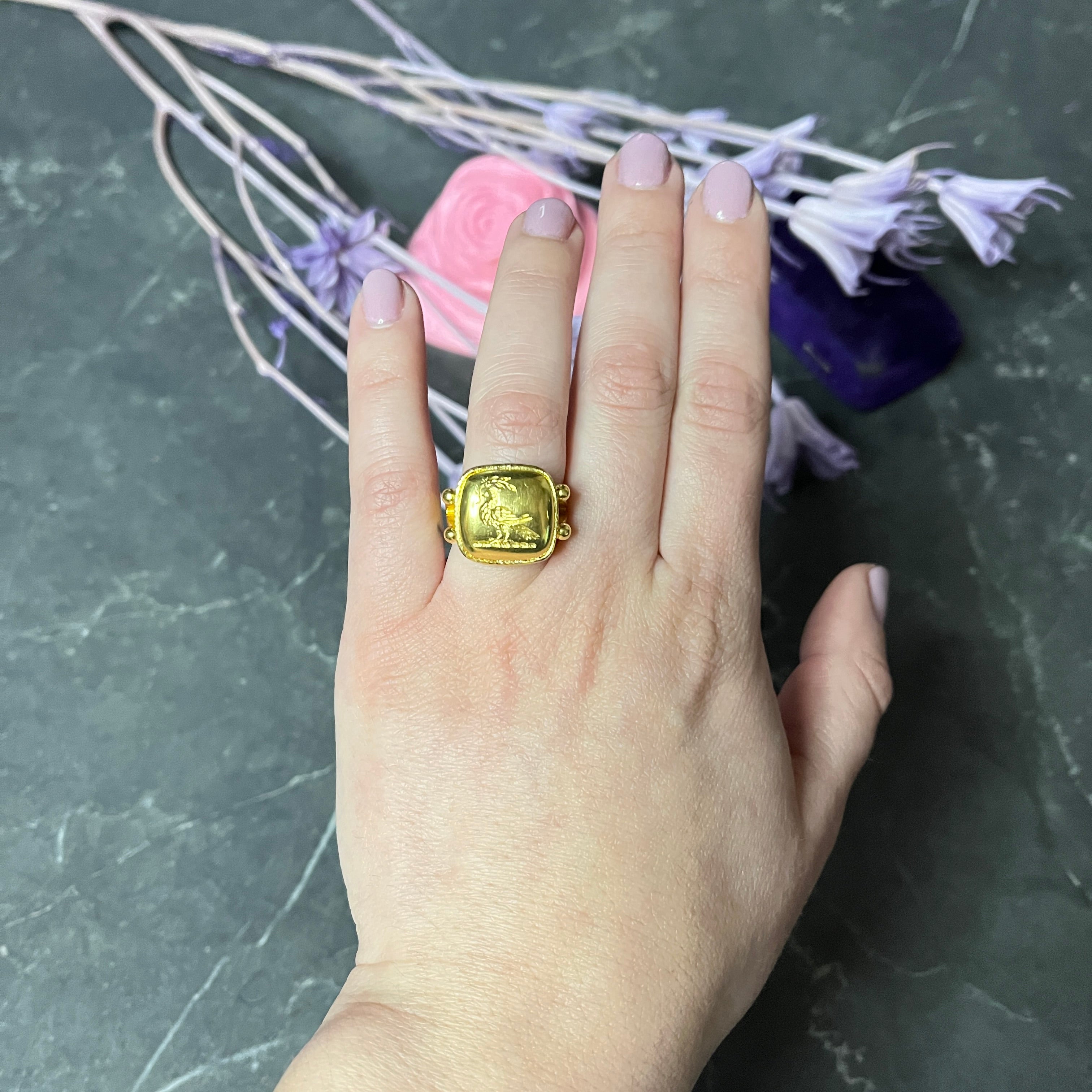 Elizabeth Locke Vintage 19 Karat Gold Pheasant Olive Branch Bird Intaglio Signet Ring Wilson's Estate Jewelry