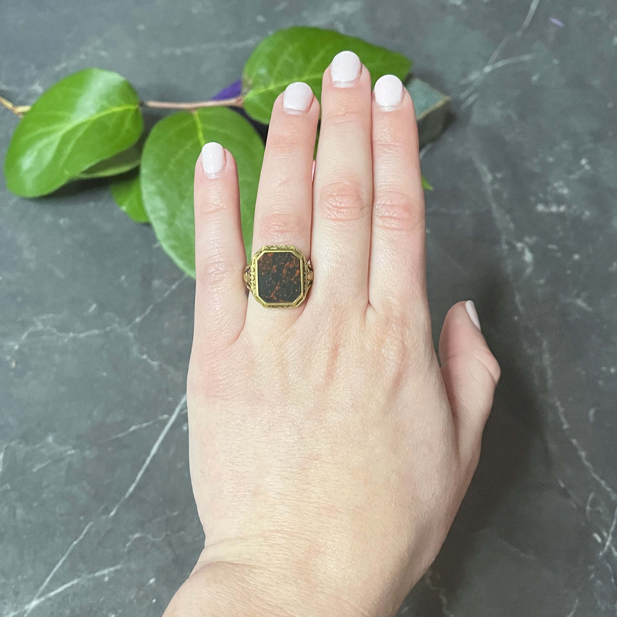 Art Deco Egyptian Revival Bloodstone 14 Karat Gold Lotus Signet Unisex Ring Wilson's Estate Jewelry