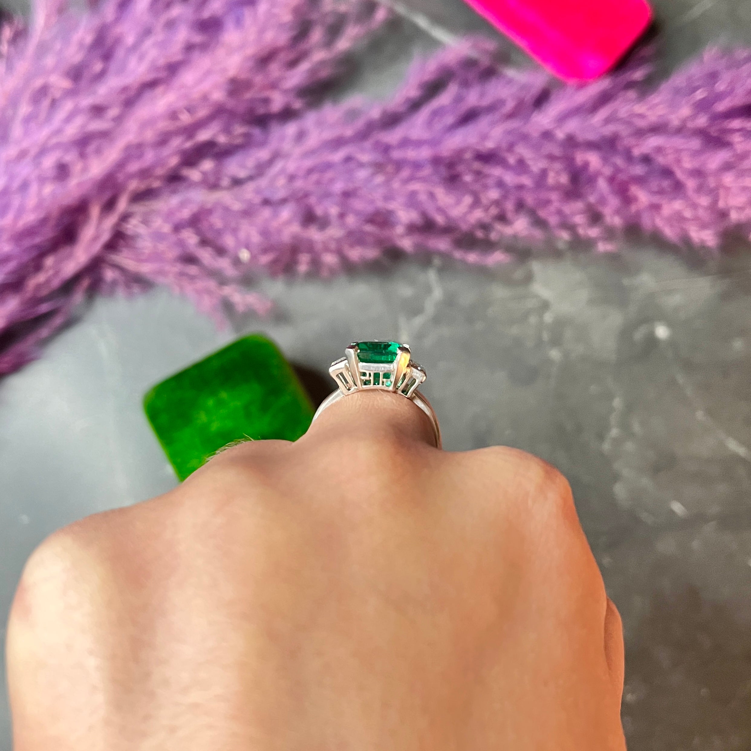 Mid-Century Modernist 6.88 CTW Columbian Emerald Baguette Cut Diamond Platinum Vintage Gemstone Ring GIA Wilson's Estate Jewelry