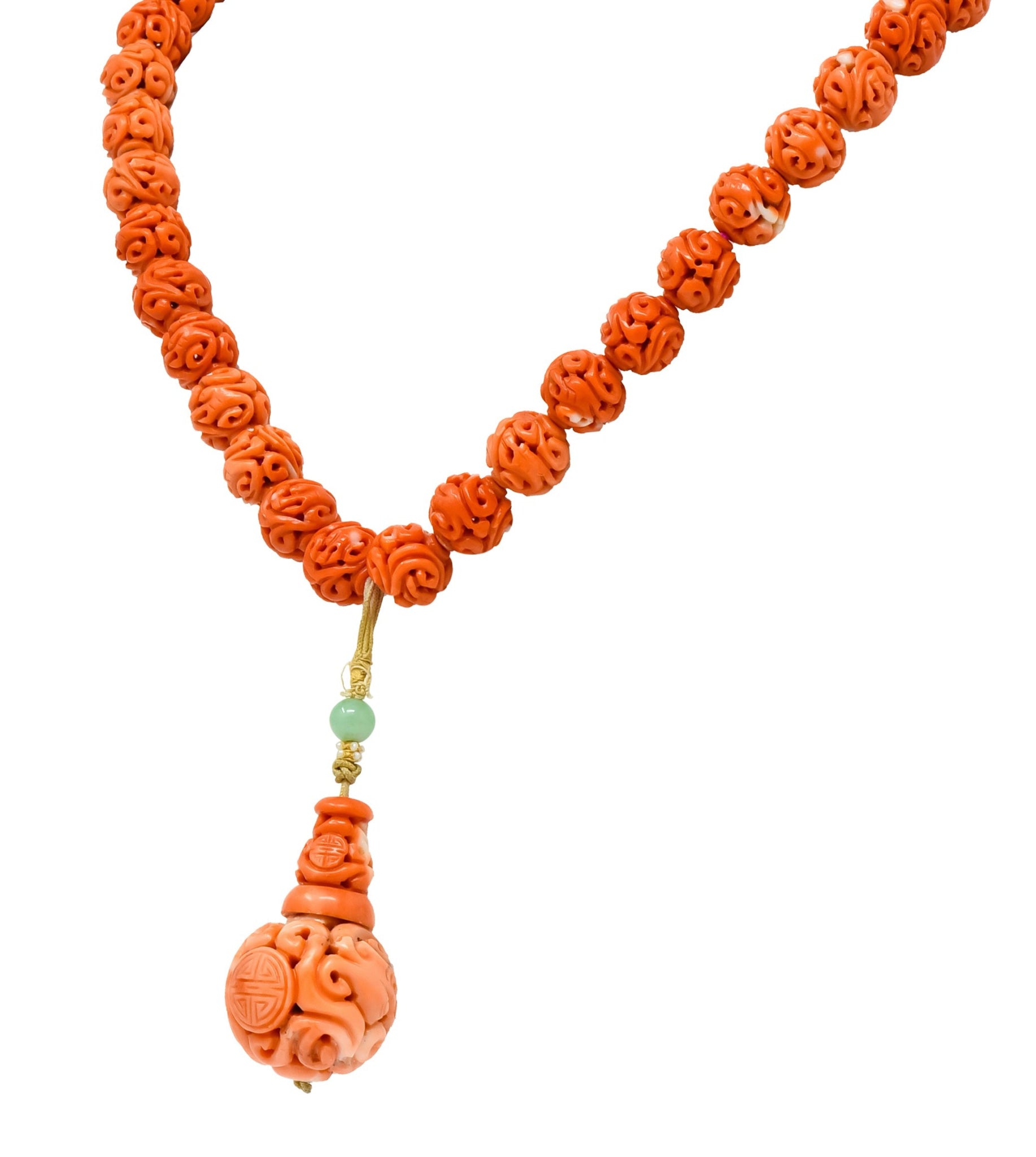 Intricate Victorian Carved Coral Jade Seed Pearl Silk Dragon Drop Necklace - Wilson's Estate Jewelry