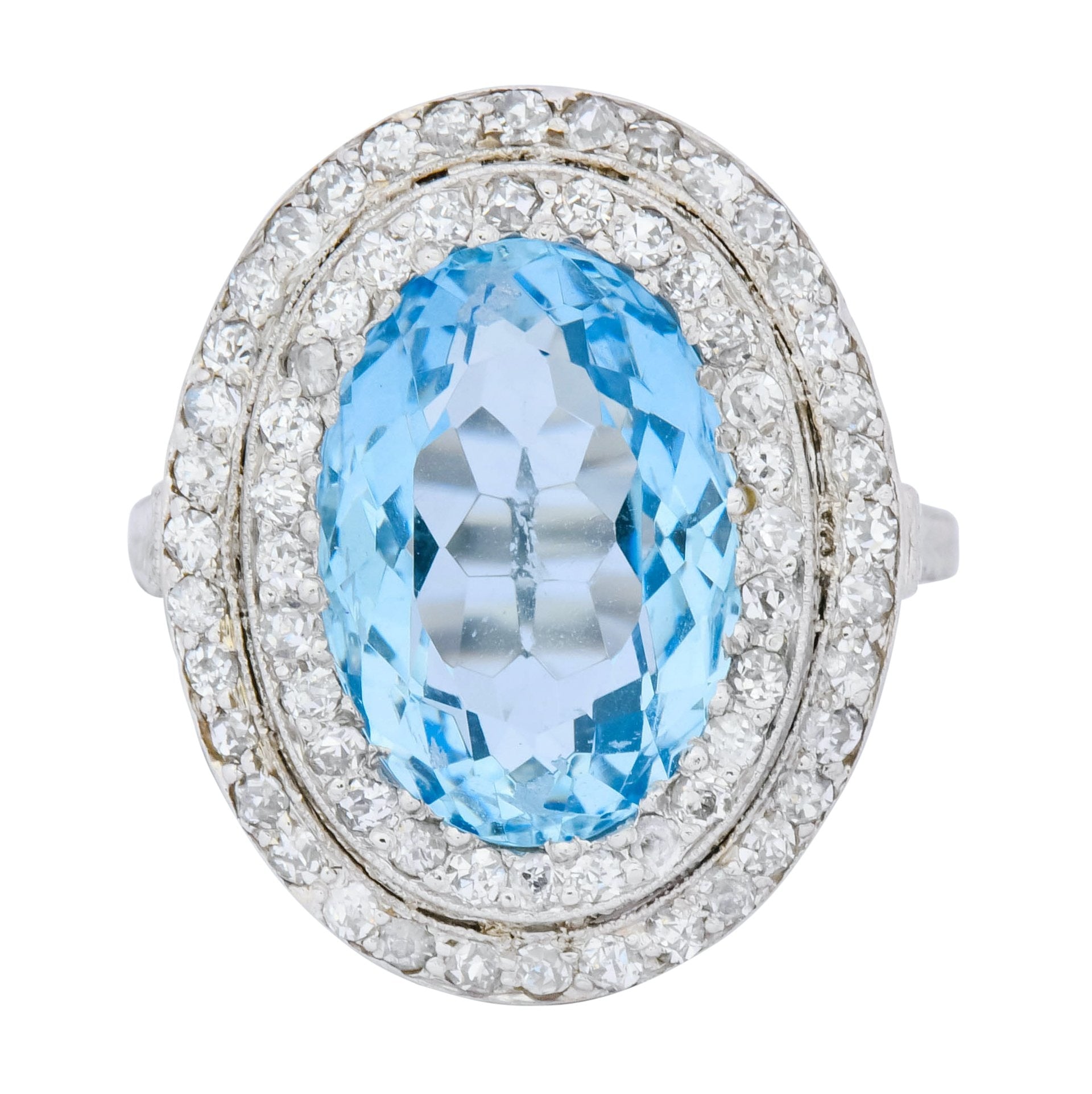 J.E. Caldwell Art Deco 6.40 CTW Aquamarine Diamond Halo Platinum Cluster Ring - Wilson's Estate Jewelry