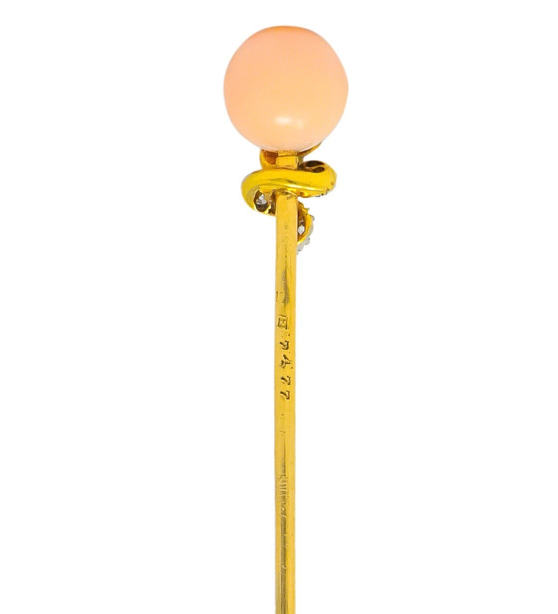 J.E. Caldwell Edwardian Pink Coral Diamond Platinum-Topped 14 Karat Gold Snake Stickpin - Wilson's Estate Jewelry