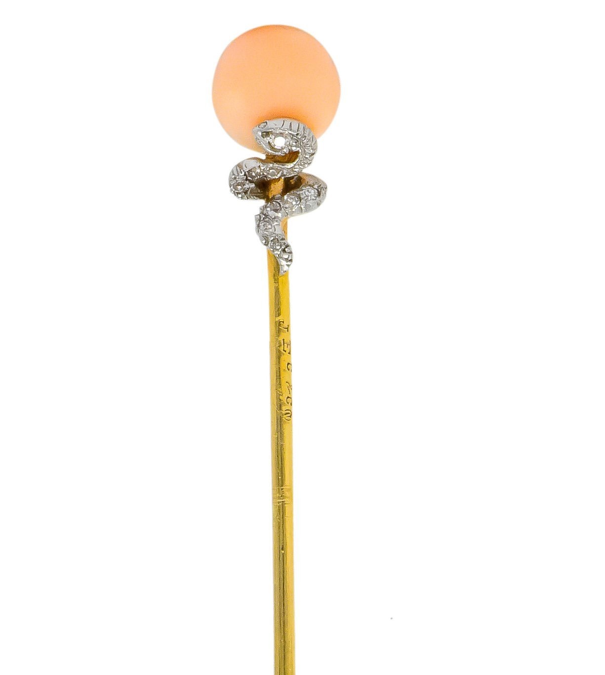 J.E. Caldwell Edwardian Pink Coral Diamond Platinum-Topped 14 Karat Gold Snake Stickpin - Wilson's Estate Jewelry