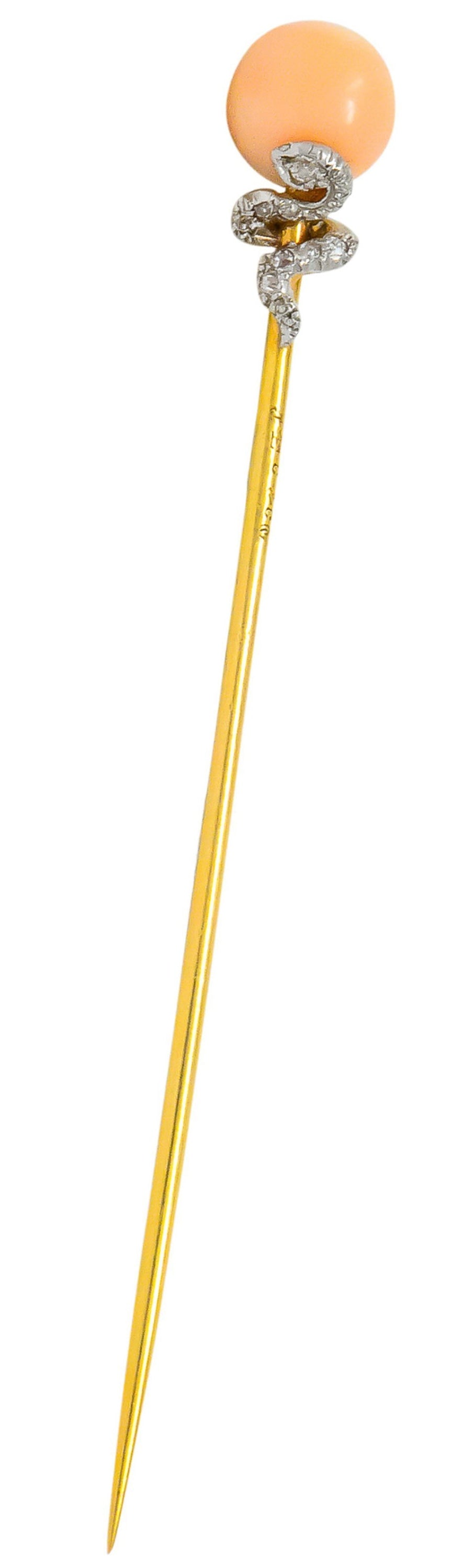 J.E. Caldwell Edwardian Pink Coral Diamond Platinum-Topped 14 Karat Gold Snake Stickpin - Wilson's Estate Jewelry