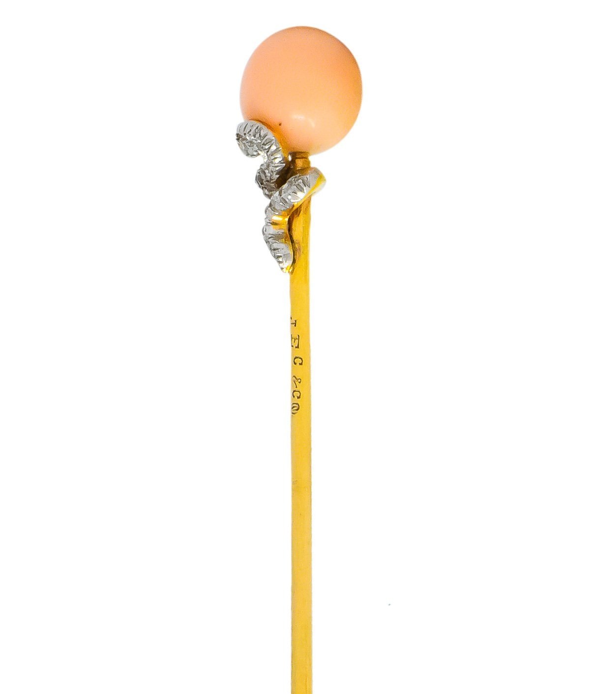 J.E. Caldwell Edwardian Pink Coral Diamond Platinum-Topped 14 Karat Gold Snake Stickpin - Wilson's Estate Jewelry