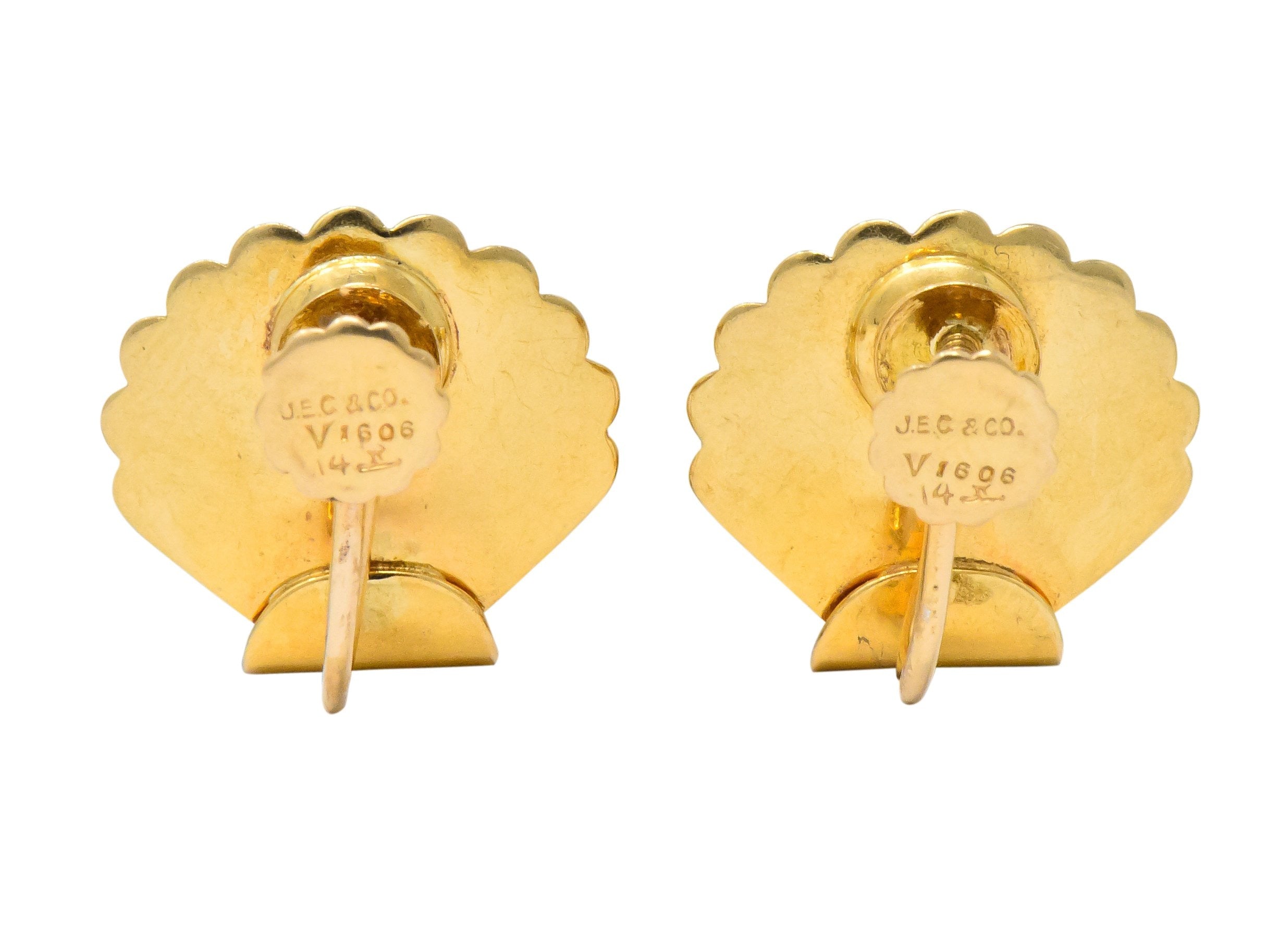 J.E. Caldwell Retro Diamond 14 Karat Gold Seashell Screw Back Earrings Wilson's Estate Jewelry