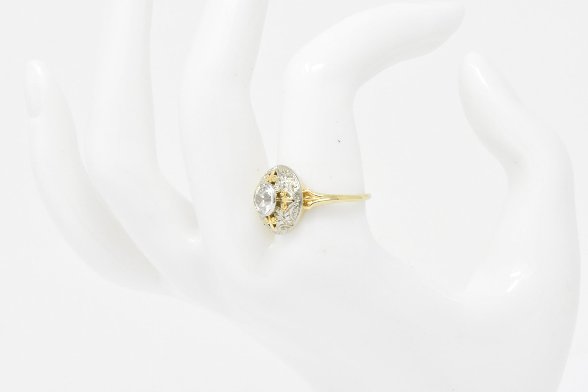 Jabel 0.75 CTW Old European Cut Diamond 14 Karat Tri-Colored Gold Retro Engagement Ring Wilson's Estate Jewelry