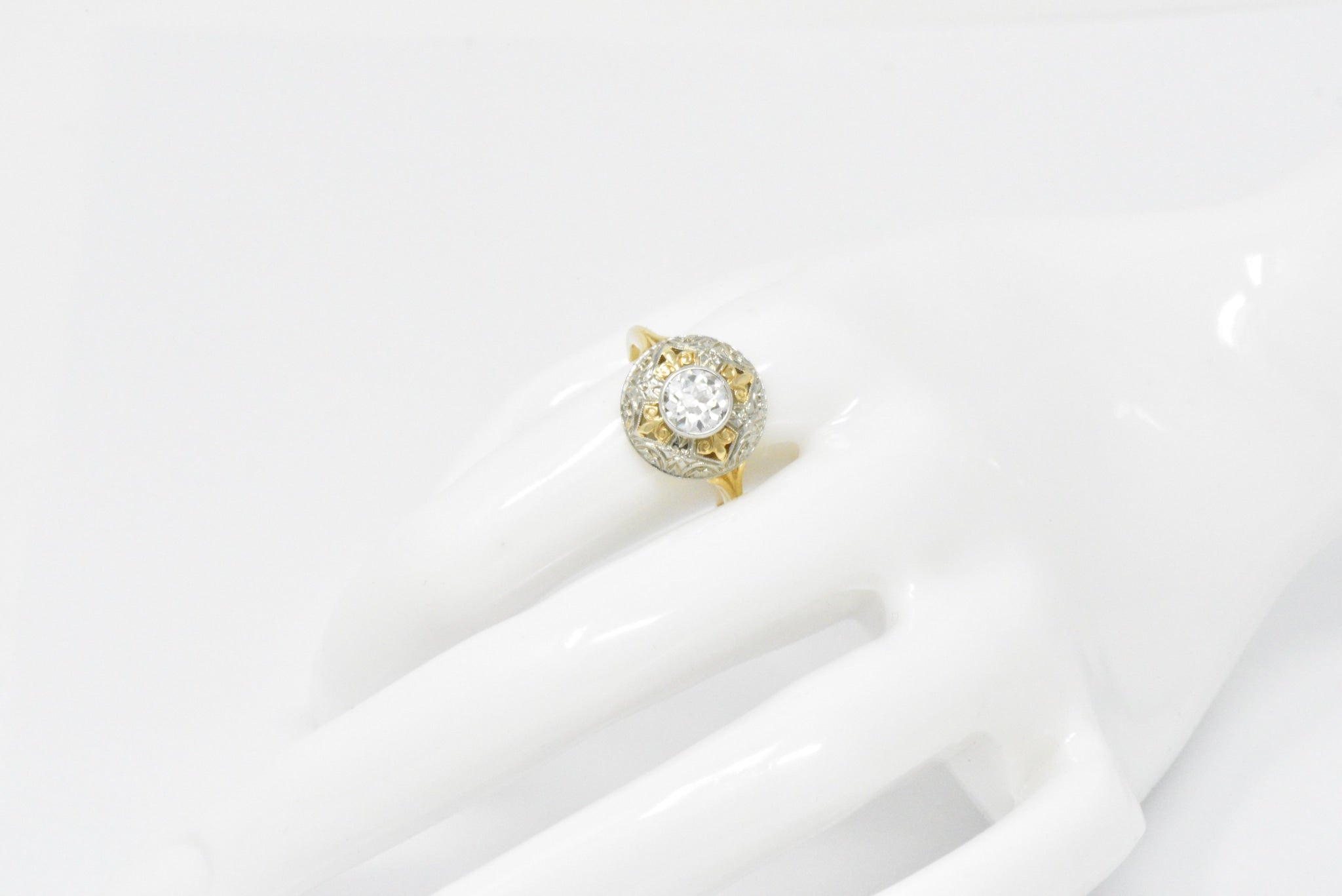 Jabel 0.75 CTW Old European Cut Diamond 14 Karat Tri-Colored Gold Retro Engagement Ring Wilson's Estate Jewelry