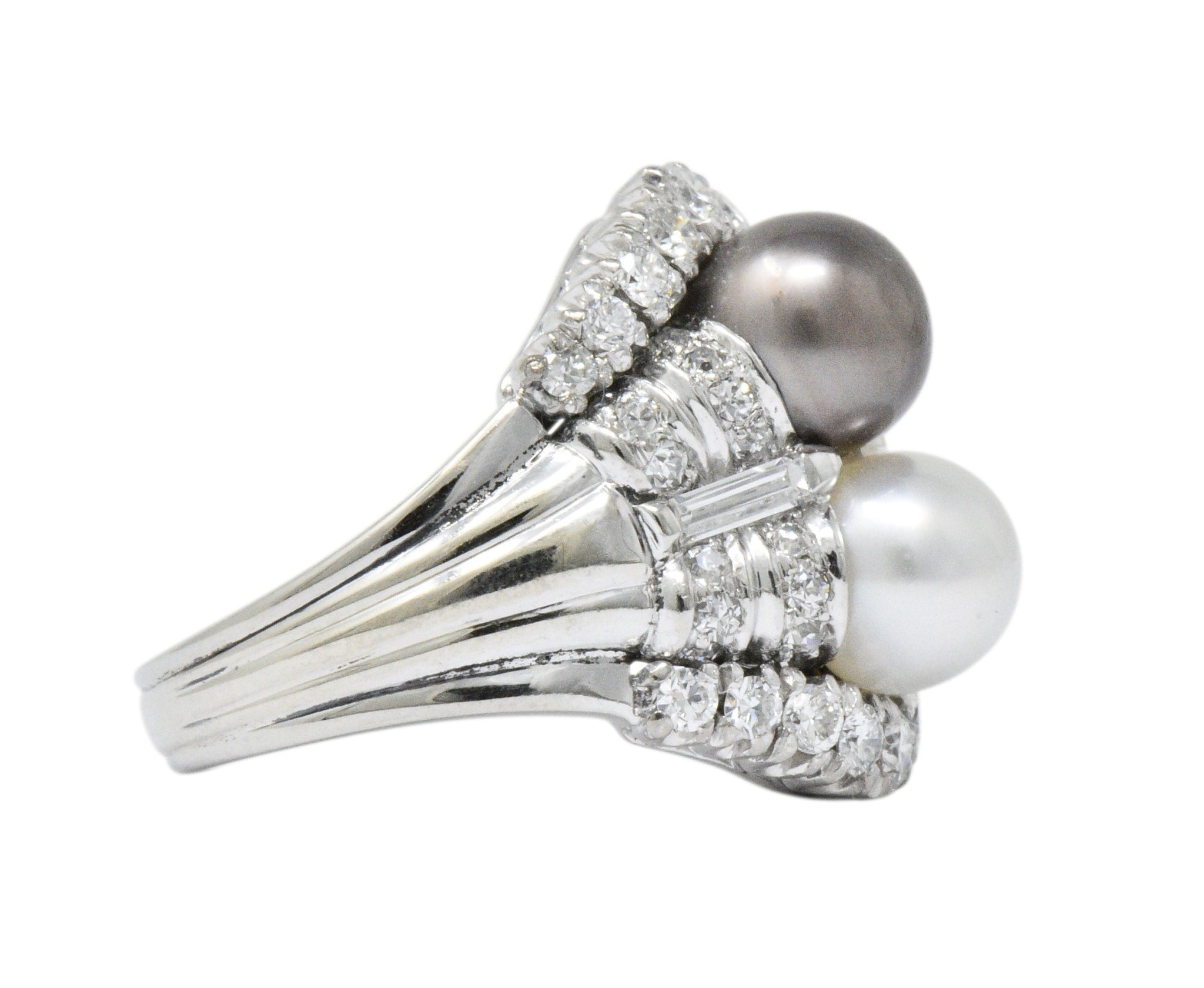 Koch 1950's 1.10 CTW Diamond Cultured Pearl 18 Karat White Gold Ring Wilson's Estate Jewelry