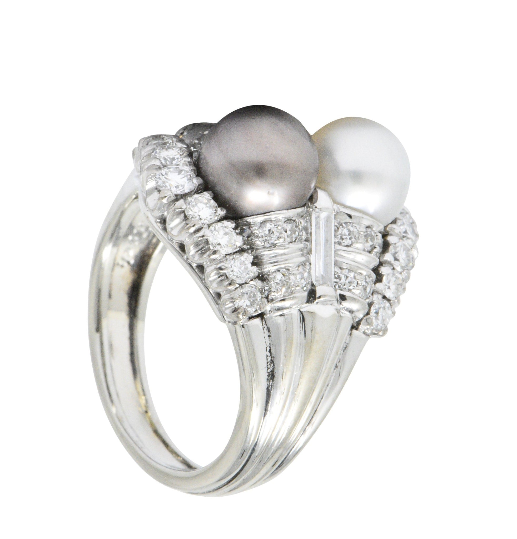 Koch 1950's 1.10 CTW Diamond Cultured Pearl 18 Karat White Gold Ring Wilson's Estate Jewelry