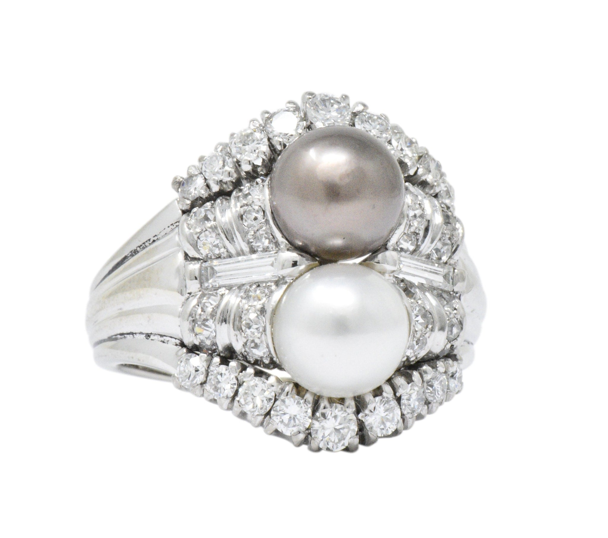 Koch 1950's 1.10 CTW Diamond Cultured Pearl 18 Karat White Gold Ring Wilson's Estate Jewelry