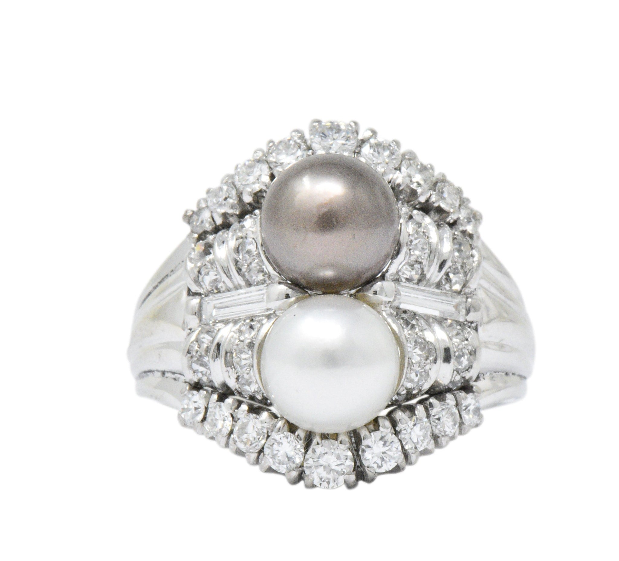 Koch 1950's 1.10 CTW Diamond Cultured Pearl 18 Karat White Gold Ring Wilson's Estate Jewelry