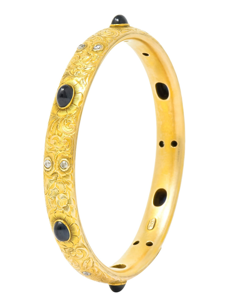Kohn 1890's Victorian Diamond Sapphire 14 Karat Gold Floral Bangle Bracelet - Wilson's Estate Jewelry