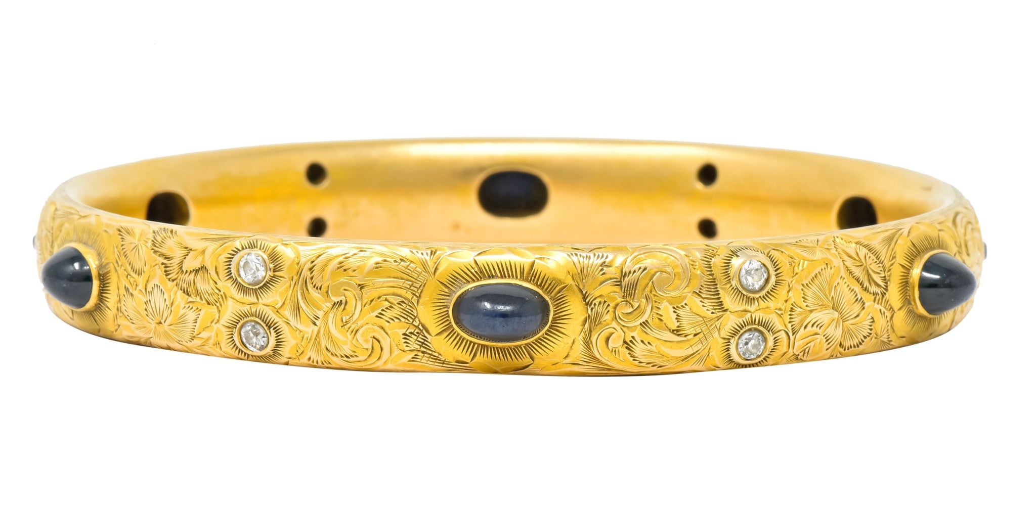 Kohn 1890's Victorian Diamond Sapphire 14 Karat Gold Floral Bangle Bracelet - Wilson's Estate Jewelry