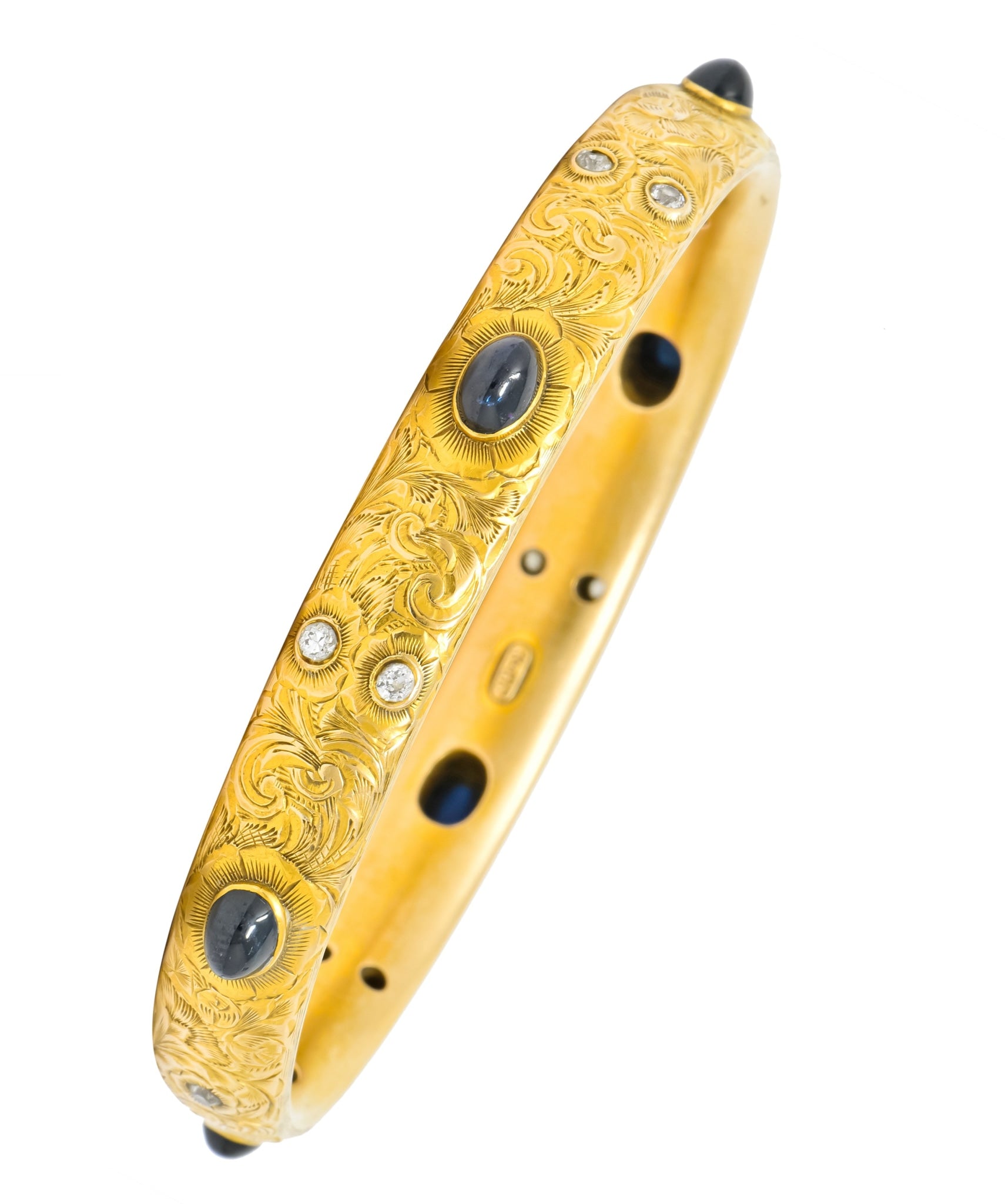 Kohn 1890's Victorian Diamond Sapphire 14 Karat Gold Floral Bangle Bracelet - Wilson's Estate Jewelry