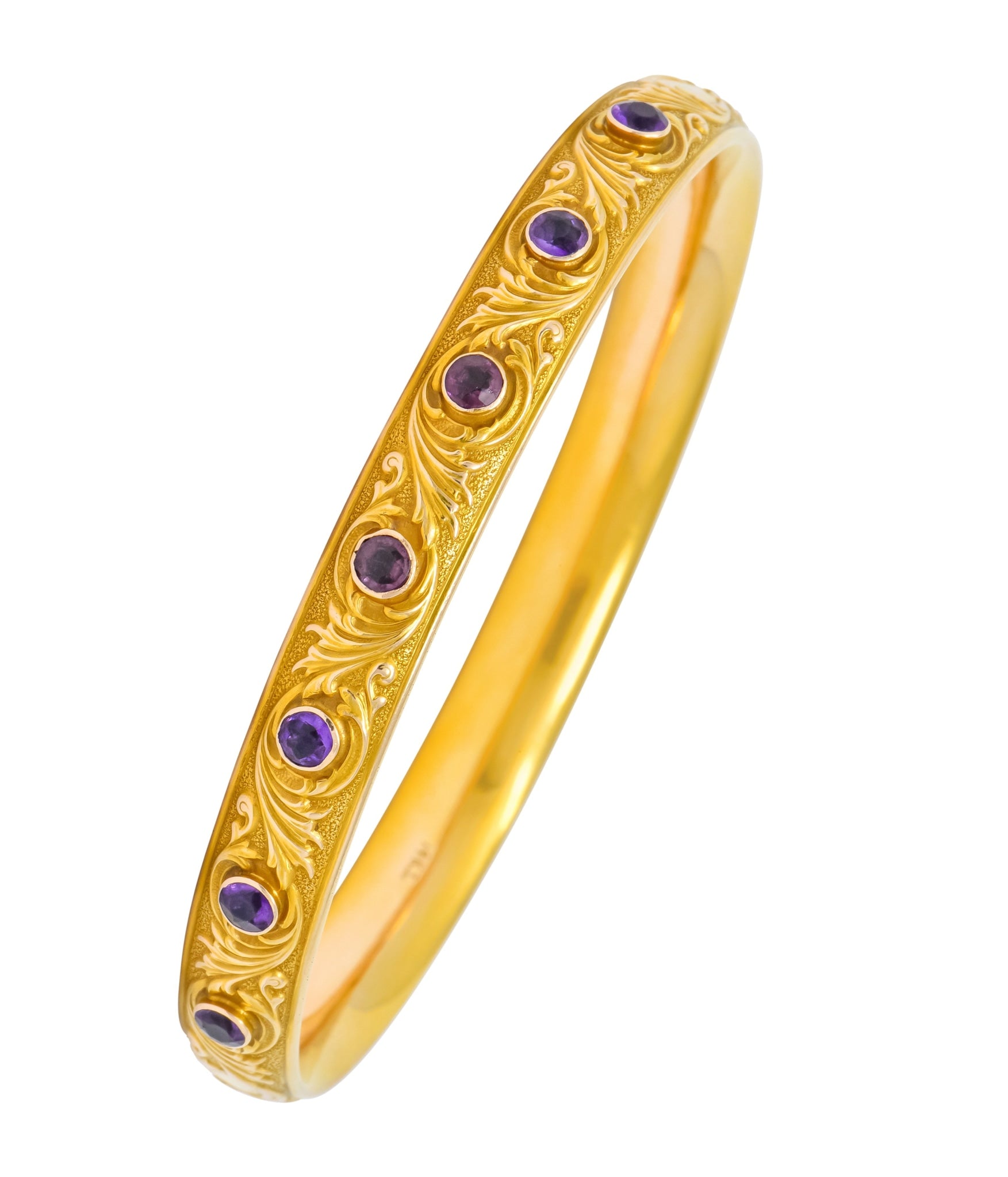 Krementz Art Nouveau Amethyst 14 Karat Gold Engraved Bangle Bracelet Circa 1900 - Wilson's Estate Jewelry