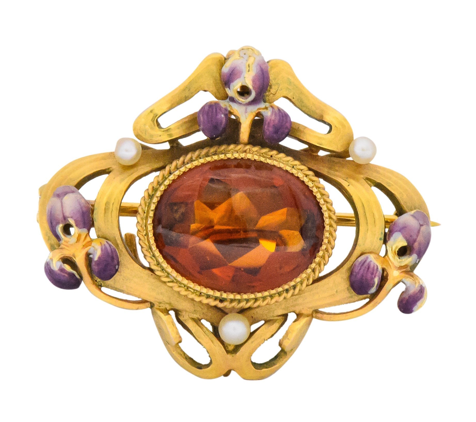 Krementz Art Nouveau Citrine Enamel Pearl 14 Karat Gold Pendant/Brooch Wilson's Estate Jewelry