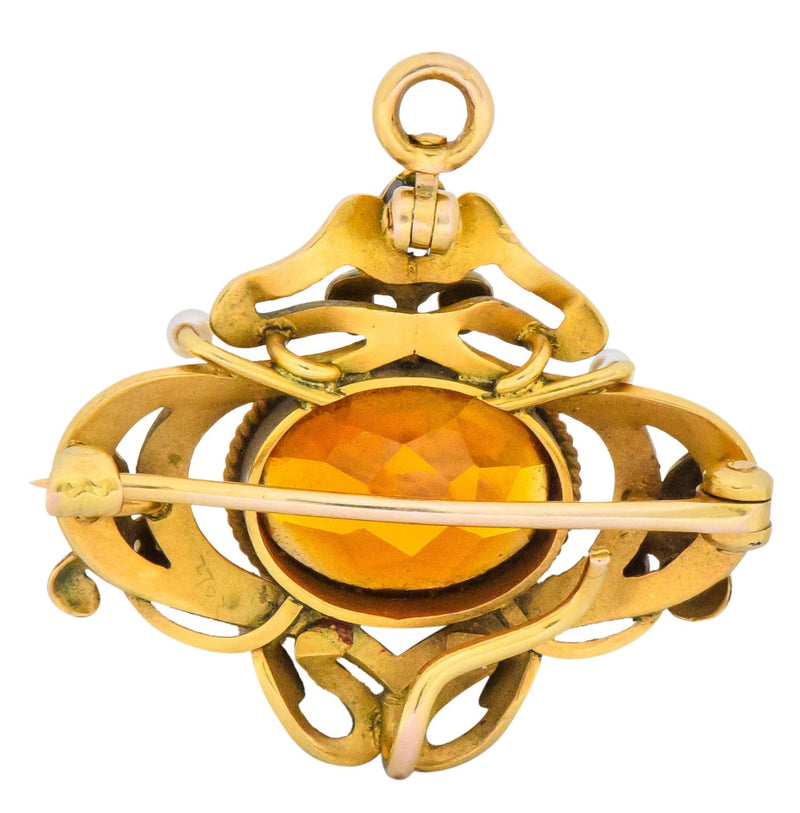 Krementz Art Nouveau Citrine Enamel Pearl 14 Karat Gold Pendant/Brooch Wilson's Estate Jewelry
