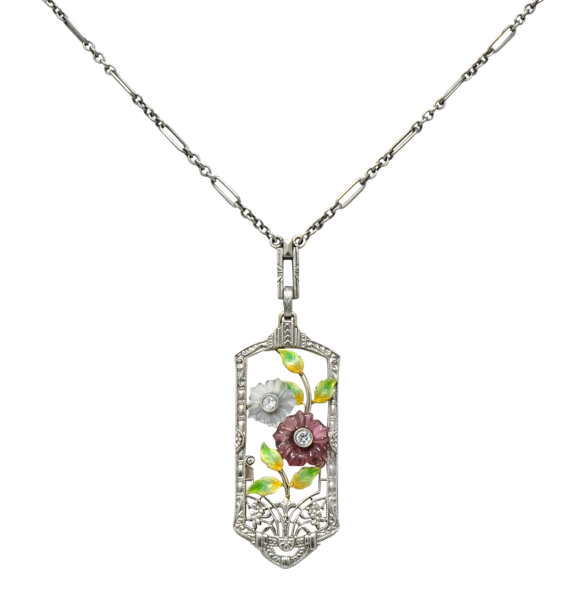 Krementz Art Nouveau Diamond Garnet Rock Crystal Enamel 14 Karat White Gold Pendant Necklace - Wilson's Estate Jewelry