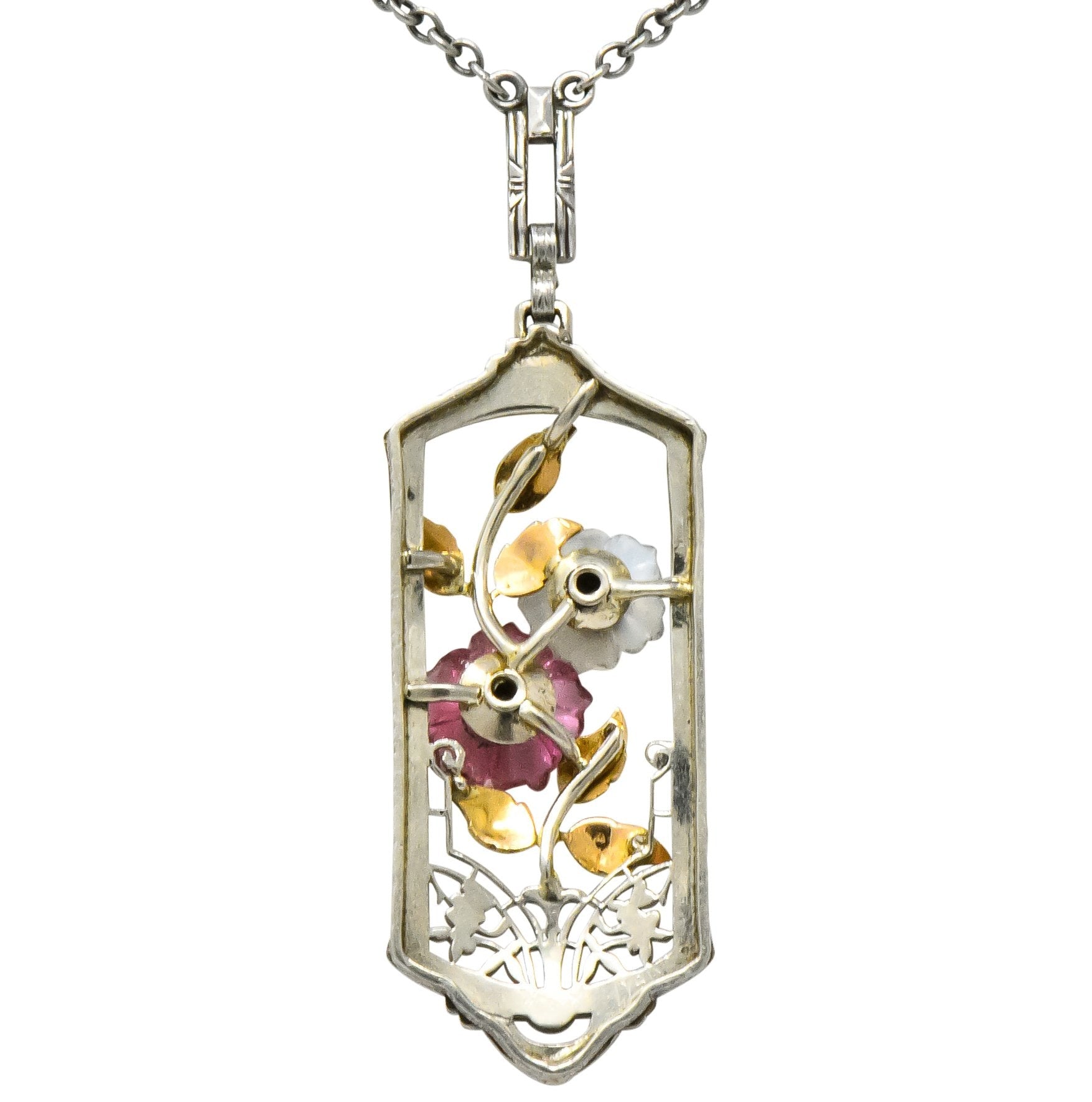 Krementz Art Nouveau Diamond Garnet Rock Crystal Enamel 14 Karat White Gold Pendant Necklace - Wilson's Estate Jewelry