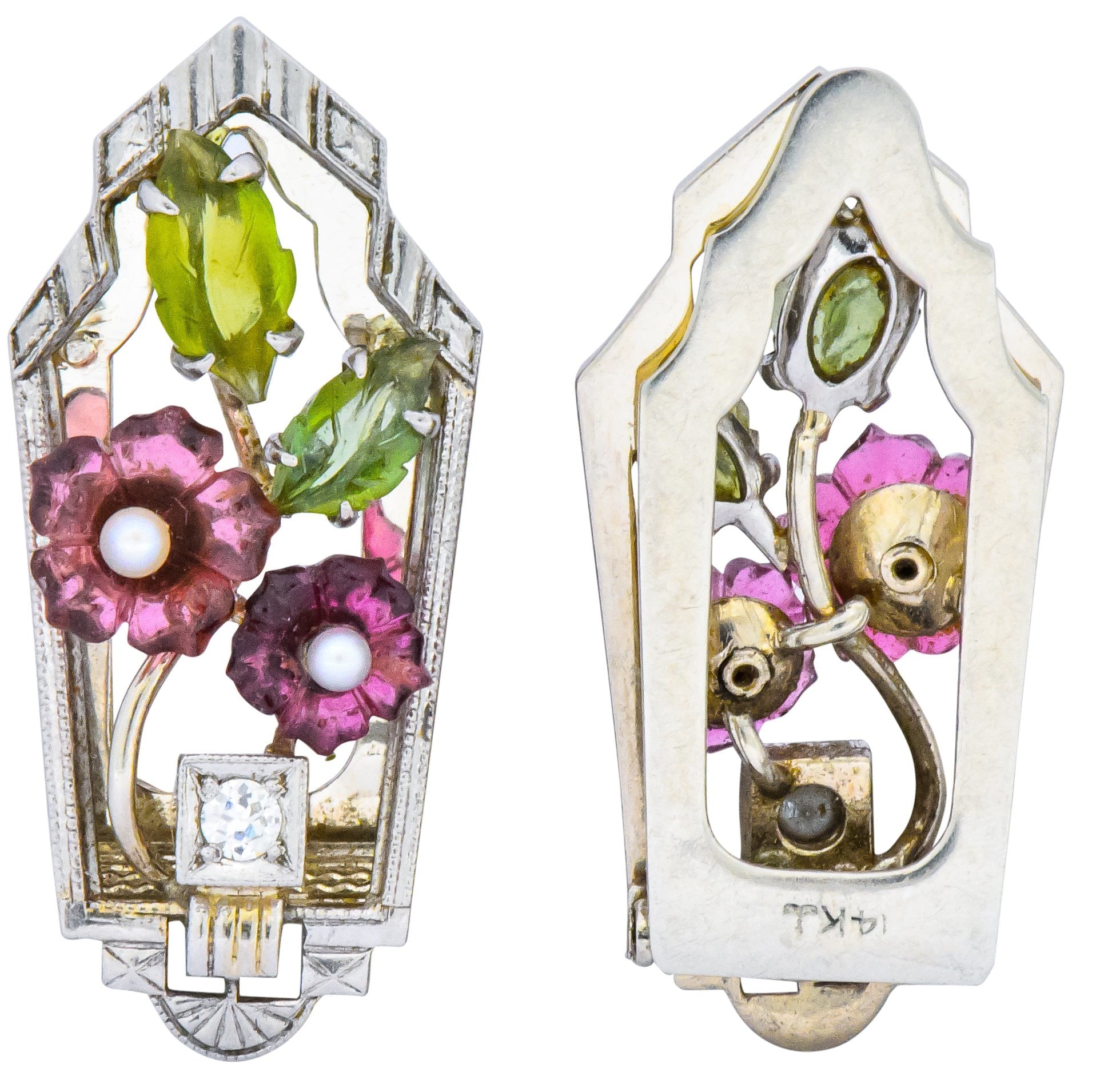 Krementz Art Nouveau Diamond Garnet Tourmaline Pearl 14 Karat White Gold Clip Pins - Wilson's Estate Jewelry